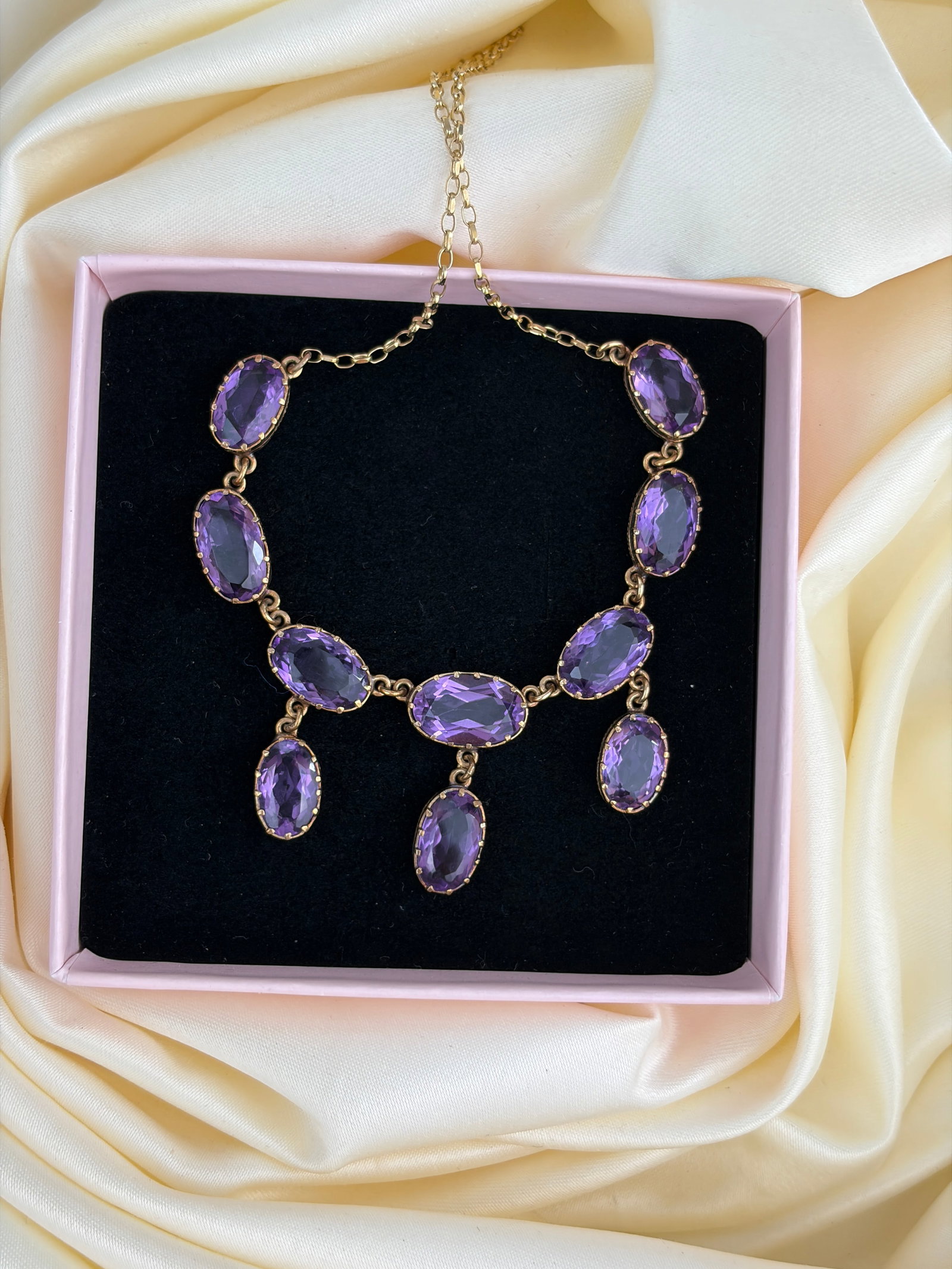 Chunky Antique 9ct Yellow Gold Amethyst Drop Detail Necklace - 7