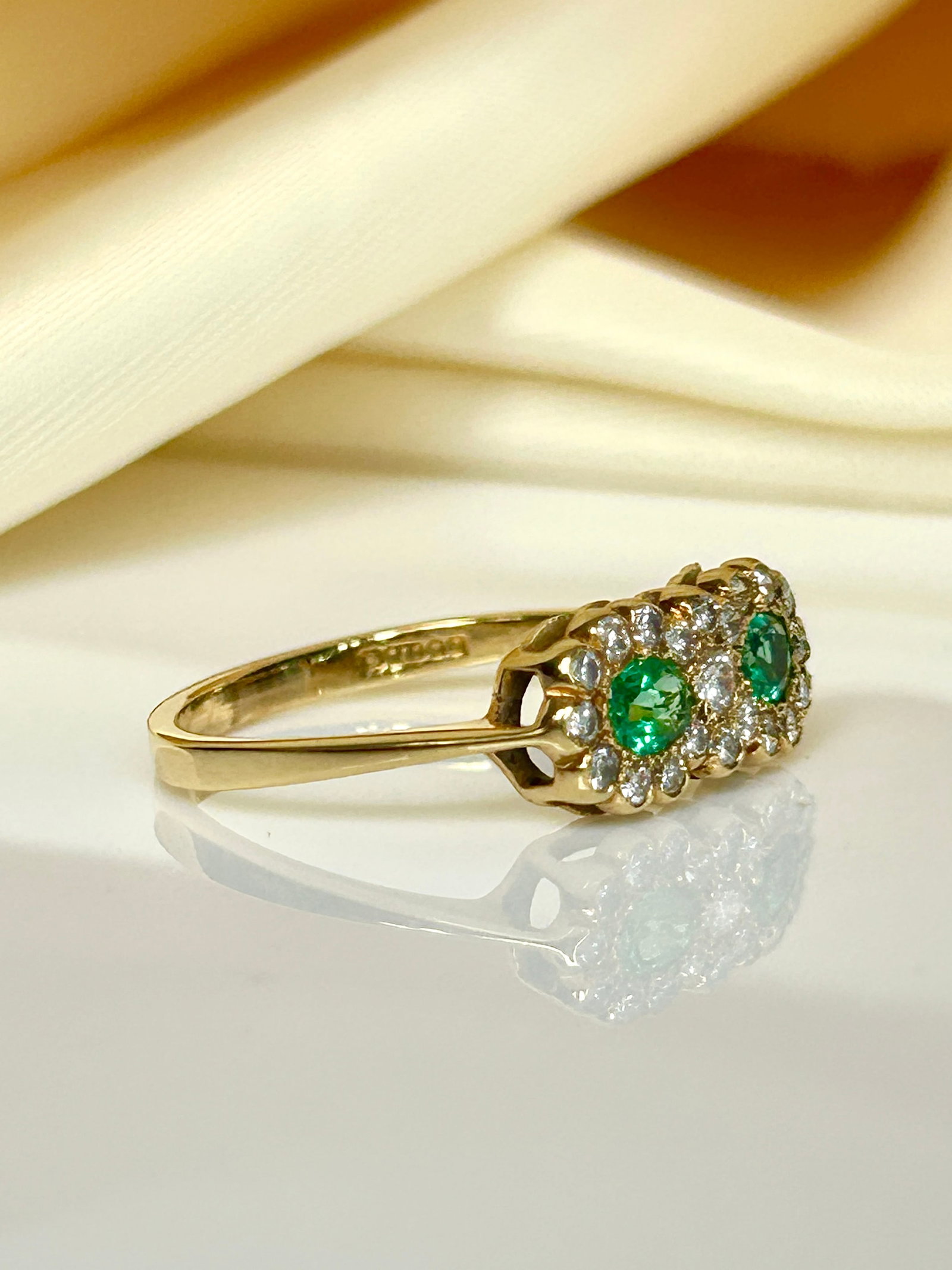 18ct yellow gold emerald and diamond double cluster ring - 2