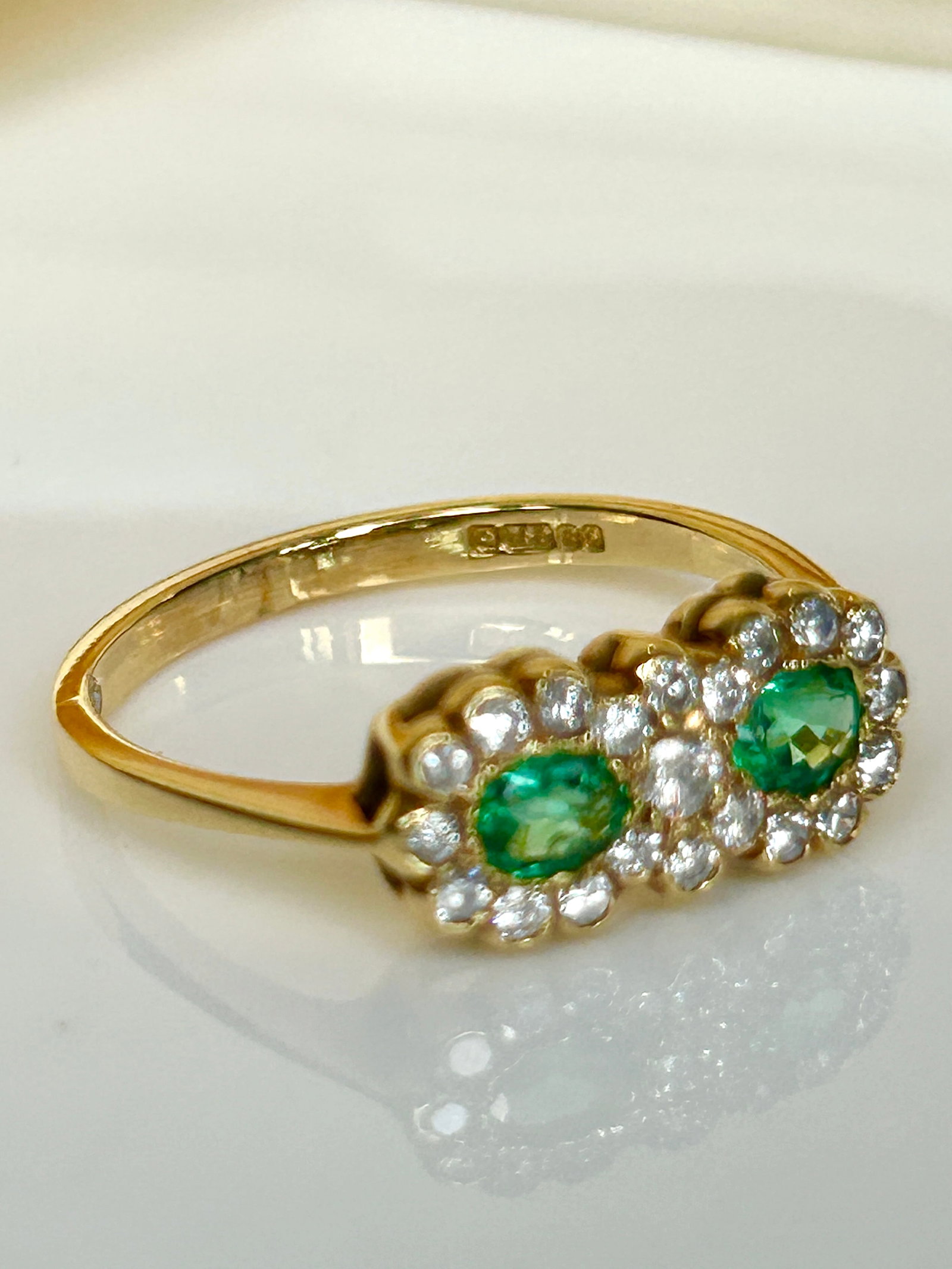 18ct yellow gold emerald and diamond double cluster ring - 4