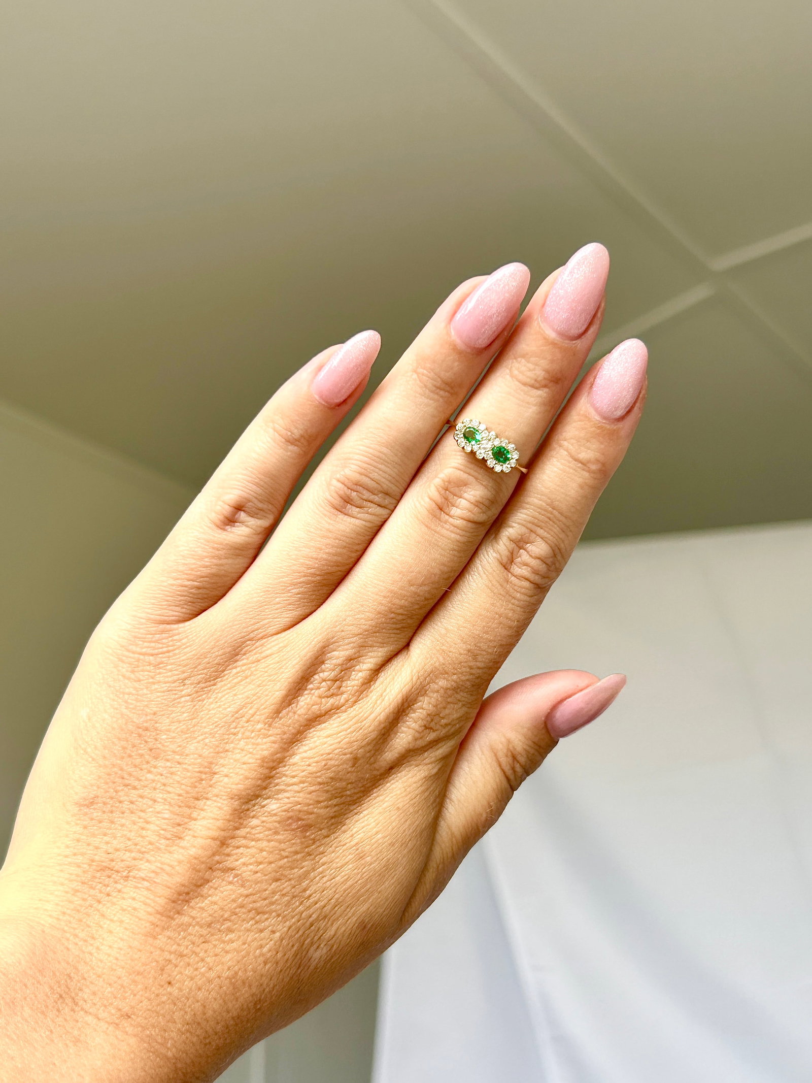 18ct yellow gold emerald and diamond double cluster ring - 5
