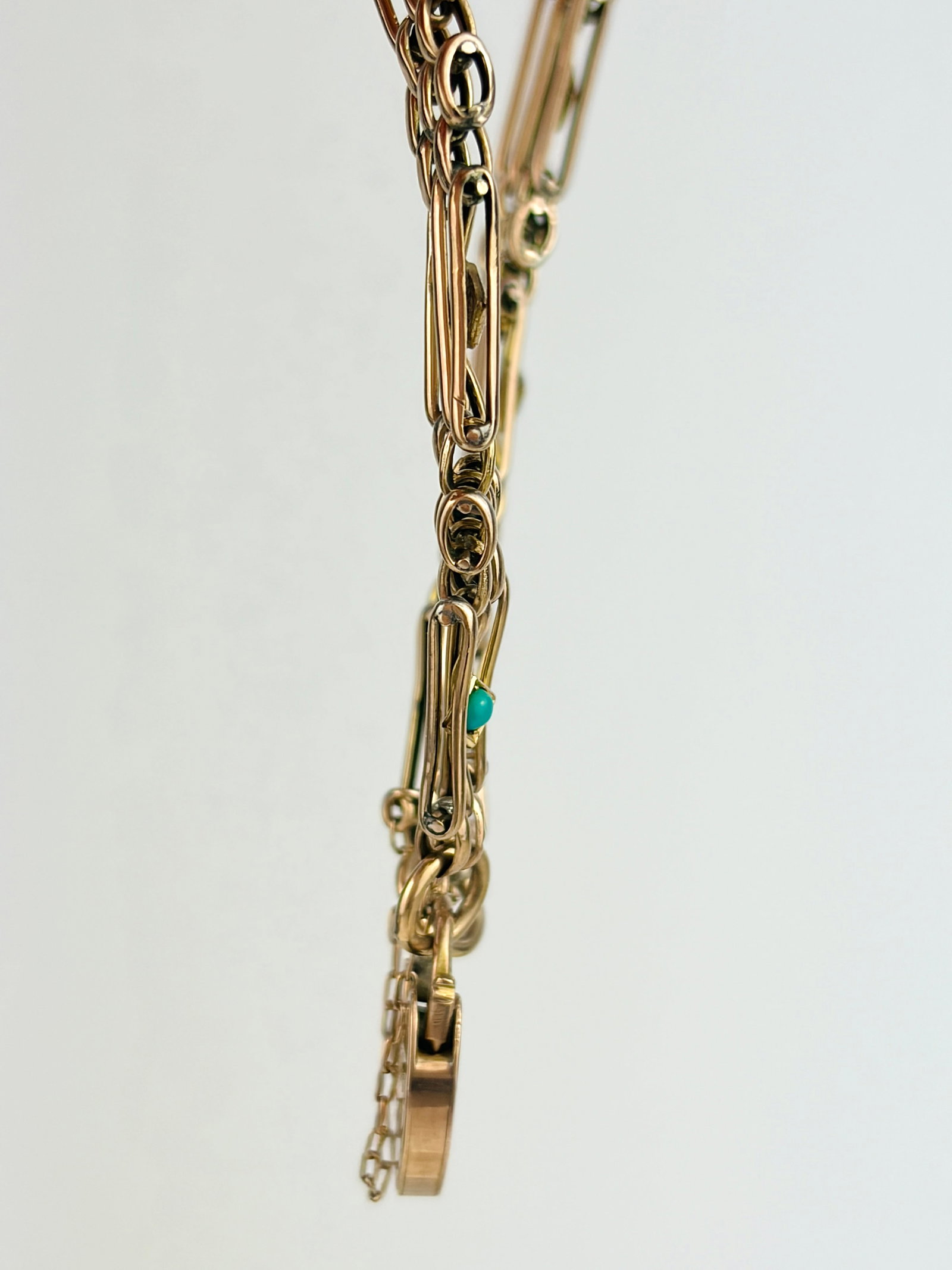 ANTIQUE TURQUOISE AND PEARL 9CT GOLD GATE BRACELET WITH HEART PADLOCK - 3