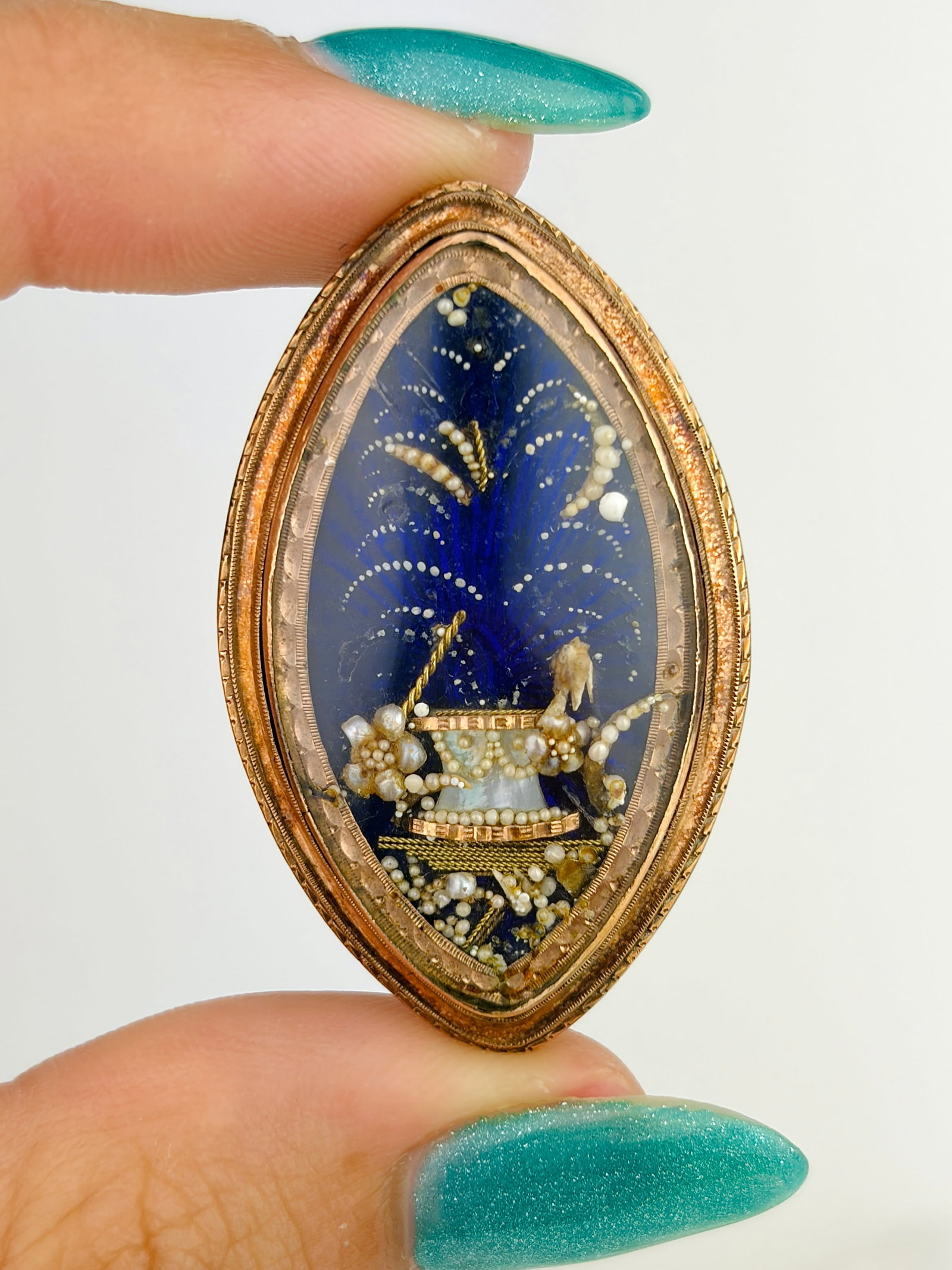 Antique Georgian Pearl, Blue Enamel and Gold Locket Back Mourning Brooch/Pendant - 4
