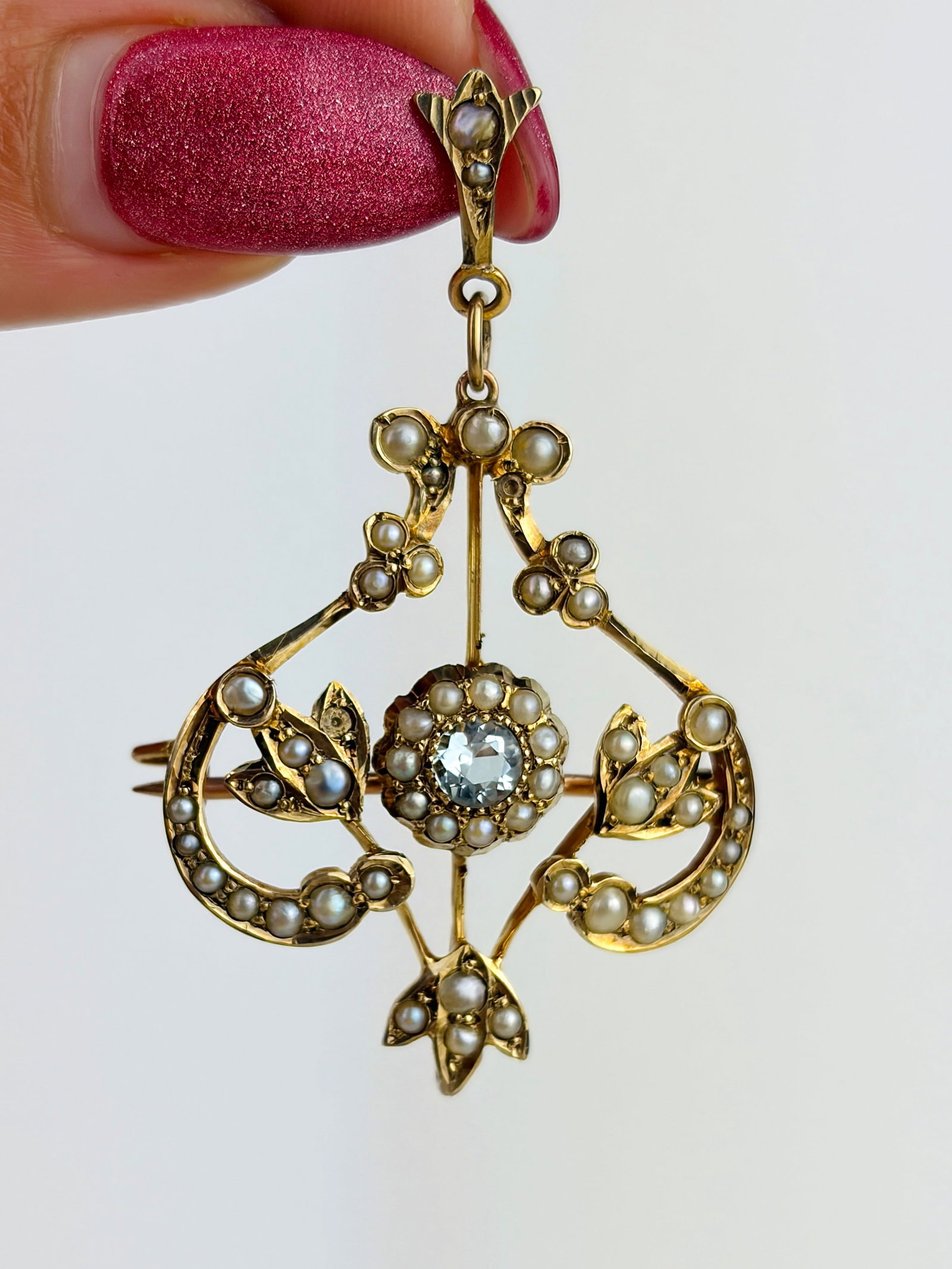 Antique 9ct Yellow Gold Ornate Aquamarine and Pearl Pendant/Brooch - 3