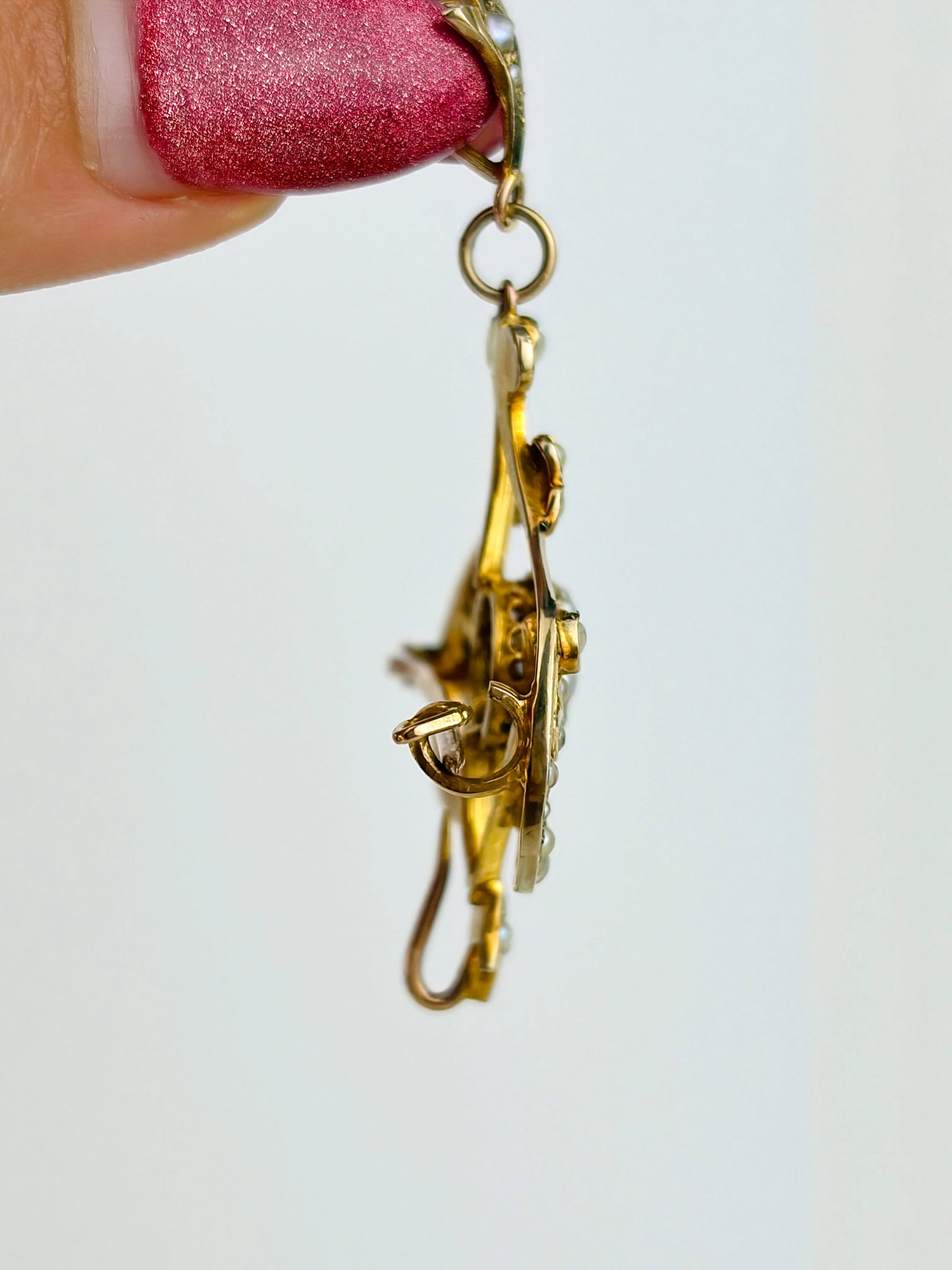 Antique 9ct Yellow Gold Ornate Aquamarine and Pearl Pendant/Brooch - 4