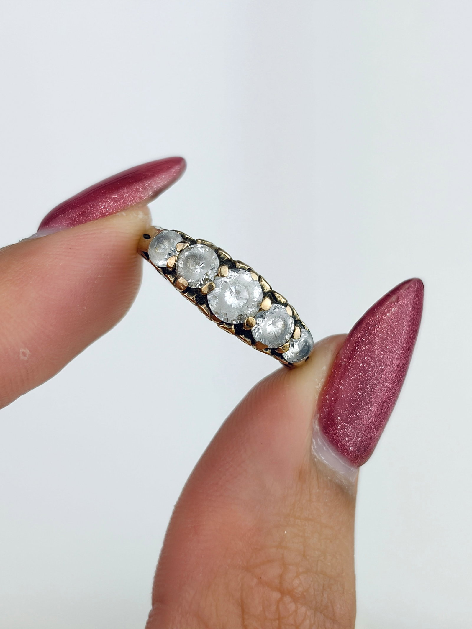 Sweet 9ct Gold Paste Five Stone Ring with Scroll Setting - 5