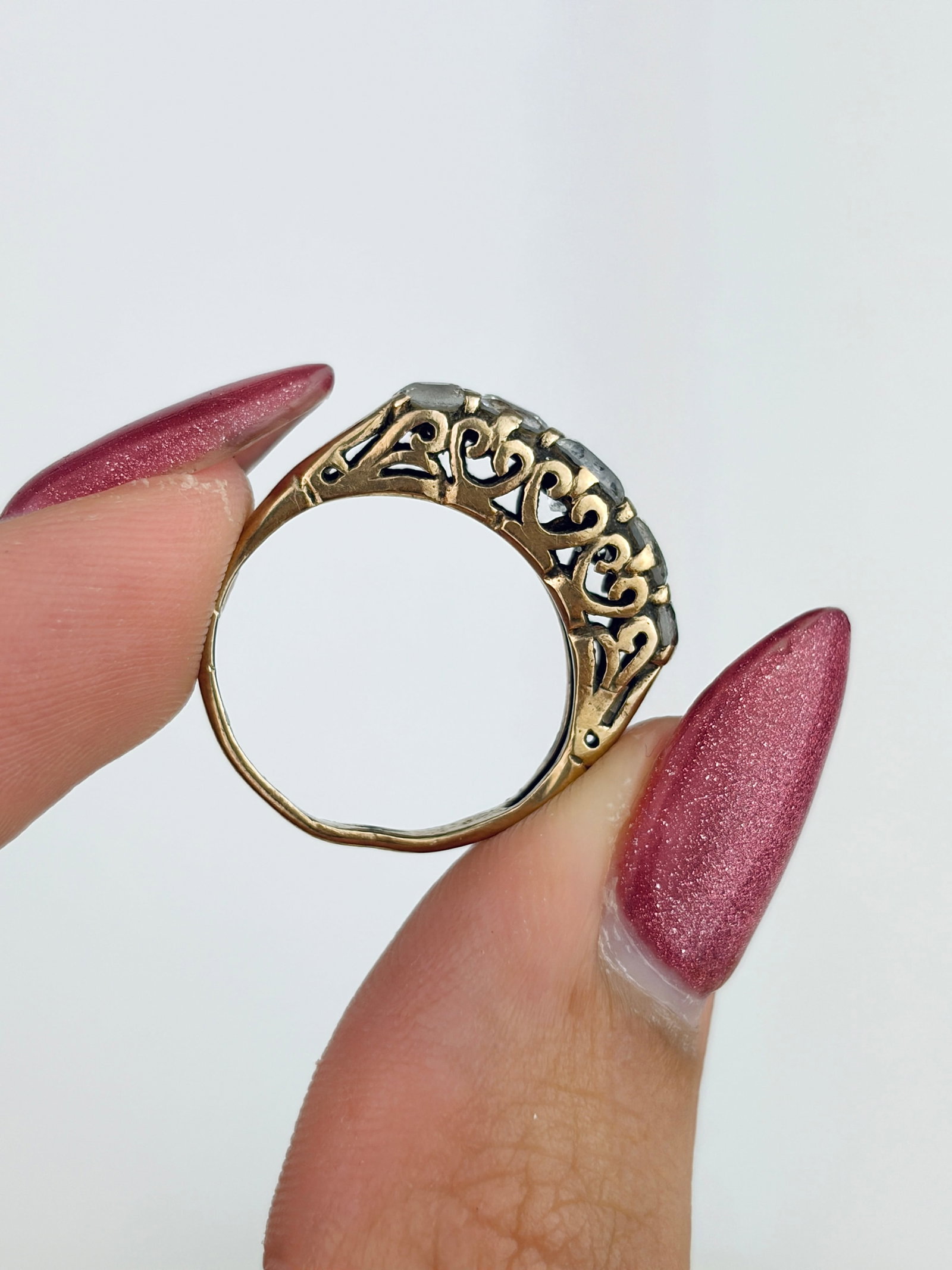 Sweet 9ct Gold Paste Five Stone Ring with Scroll Setting - 6