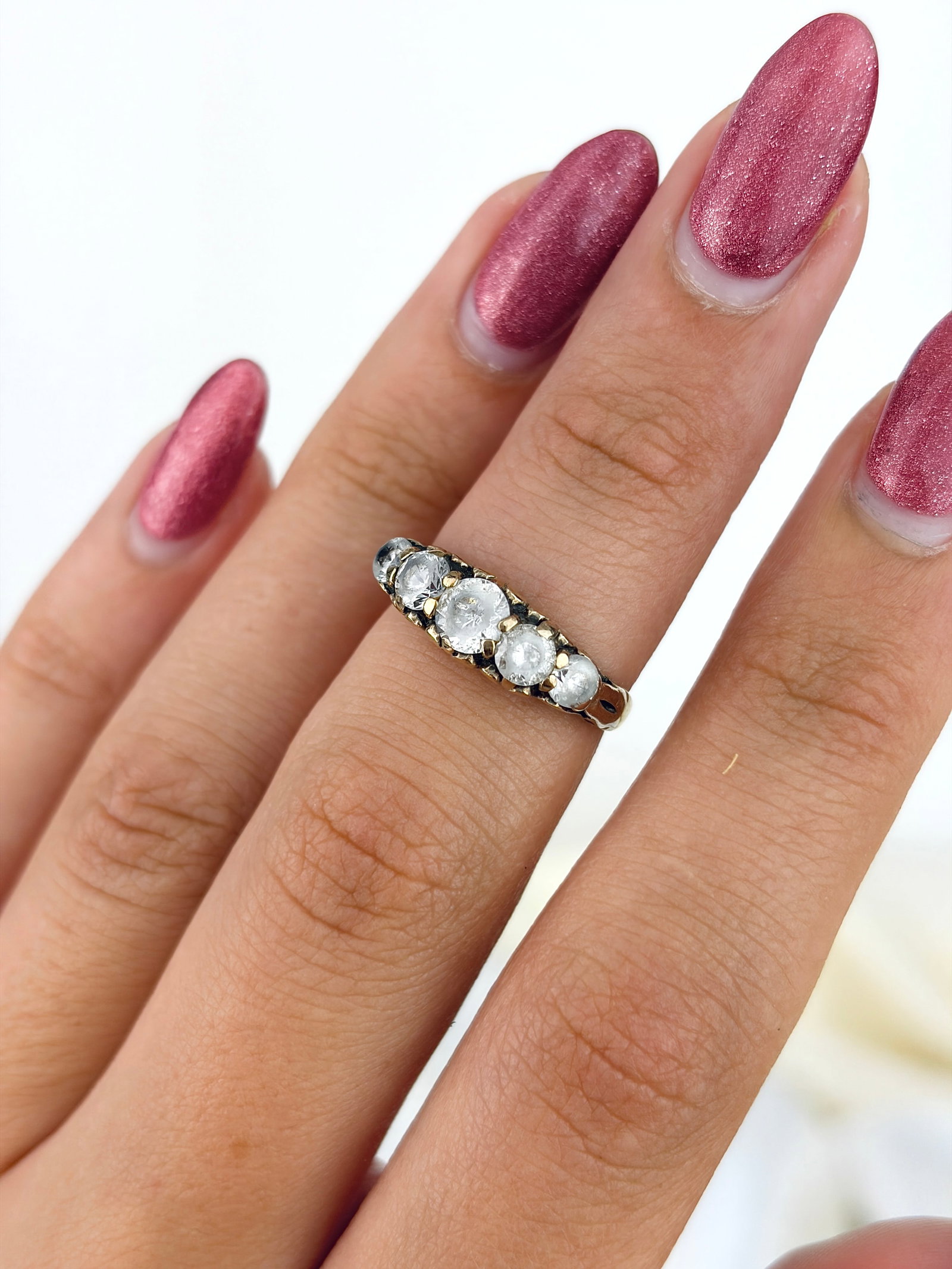 Sweet 9ct Gold Paste Five Stone Ring with Scroll Setting - 8