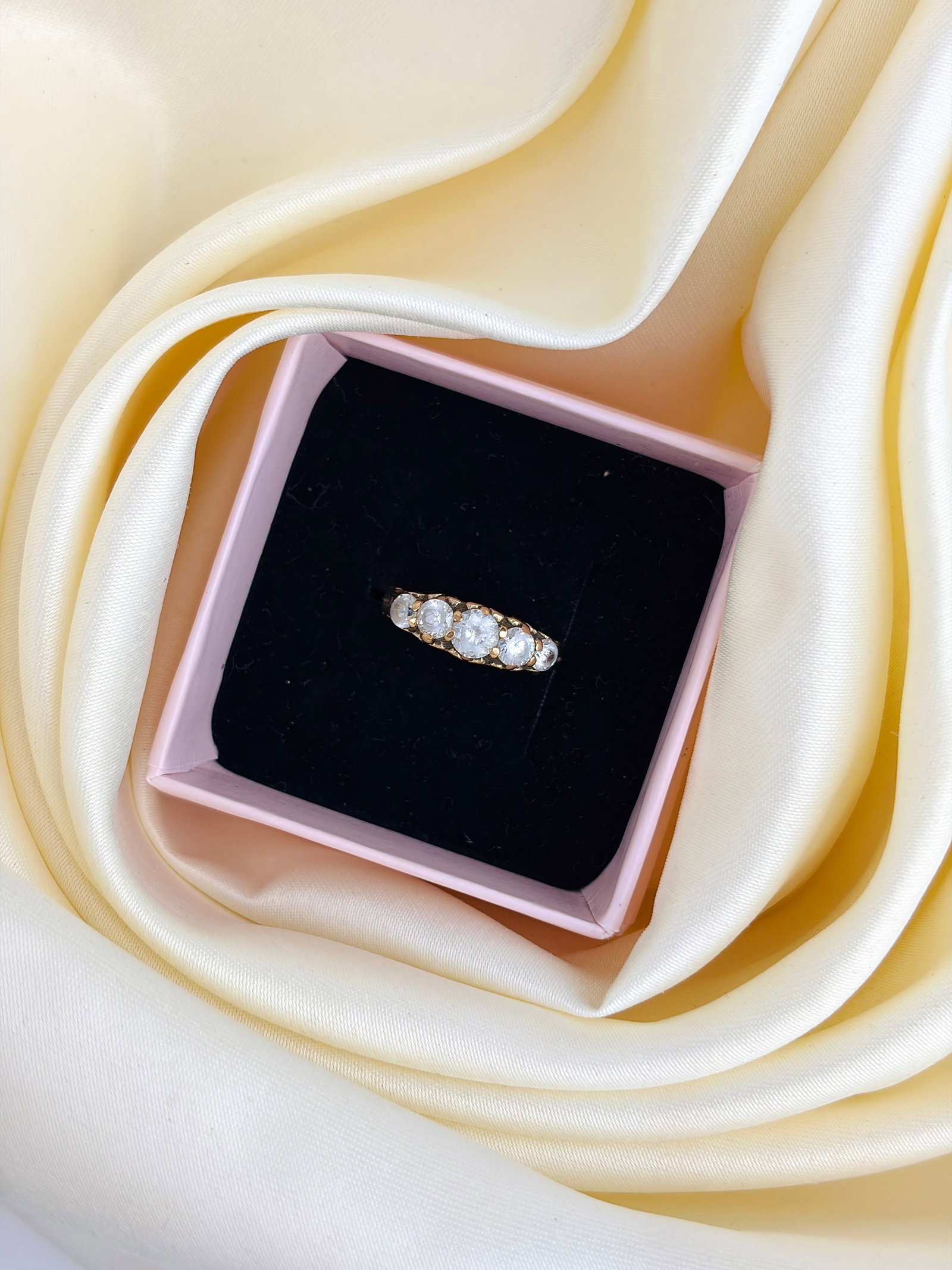 Sweet 9ct Gold Paste Five Stone Ring with Scroll Setting - 9