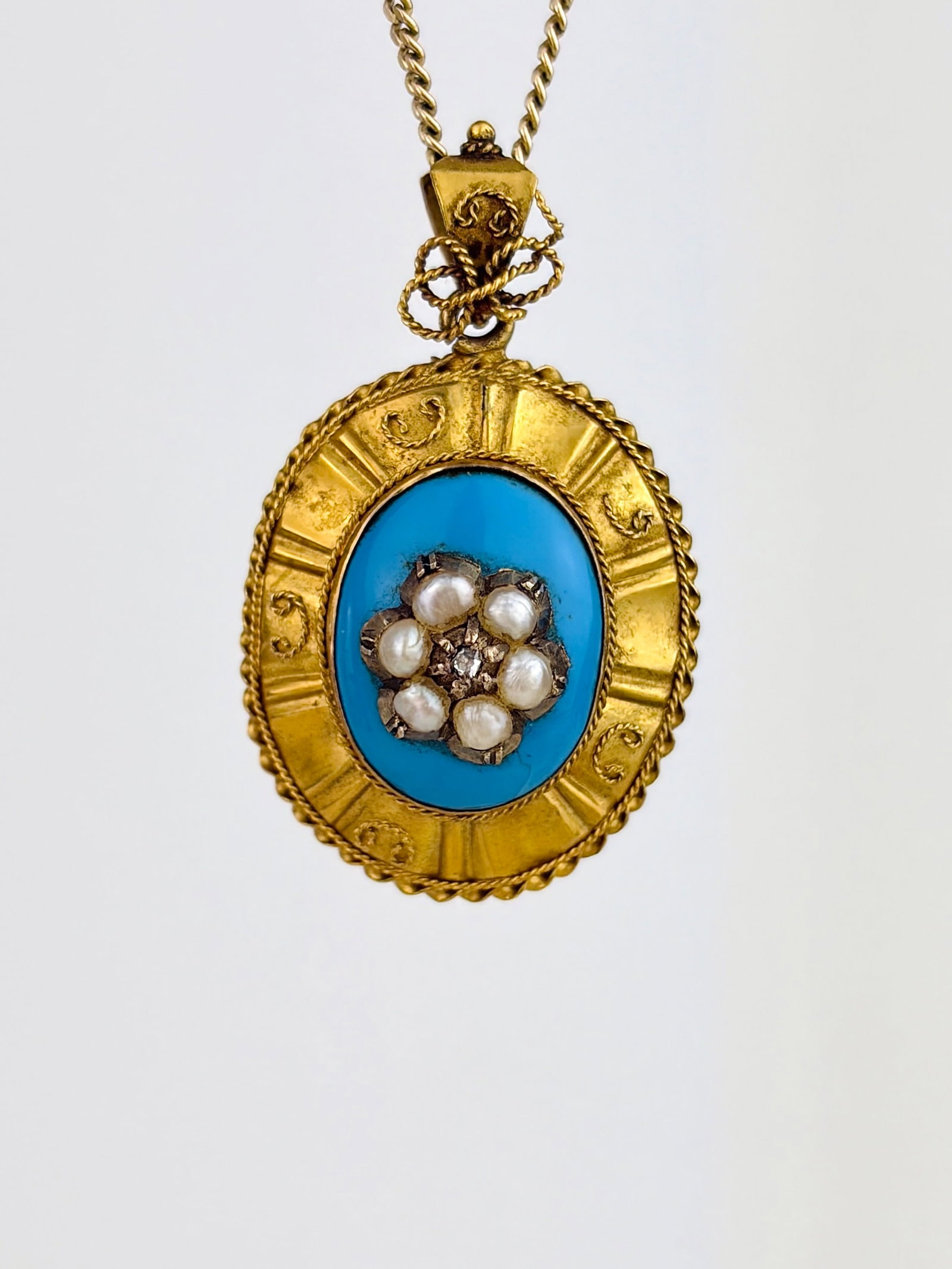 Antique Victorian 15ct Gold Blue Enamel, Pearl and Diamond Flower Hair Locket Back Pendant: Antique Victorian 15ct Gold Blue Enamel, Pearl and Diamond Flower Hair Locket Back Pendant Gorgeous pendant from the Victorian era featuring gold filagree details, a rich blue enamel that make the