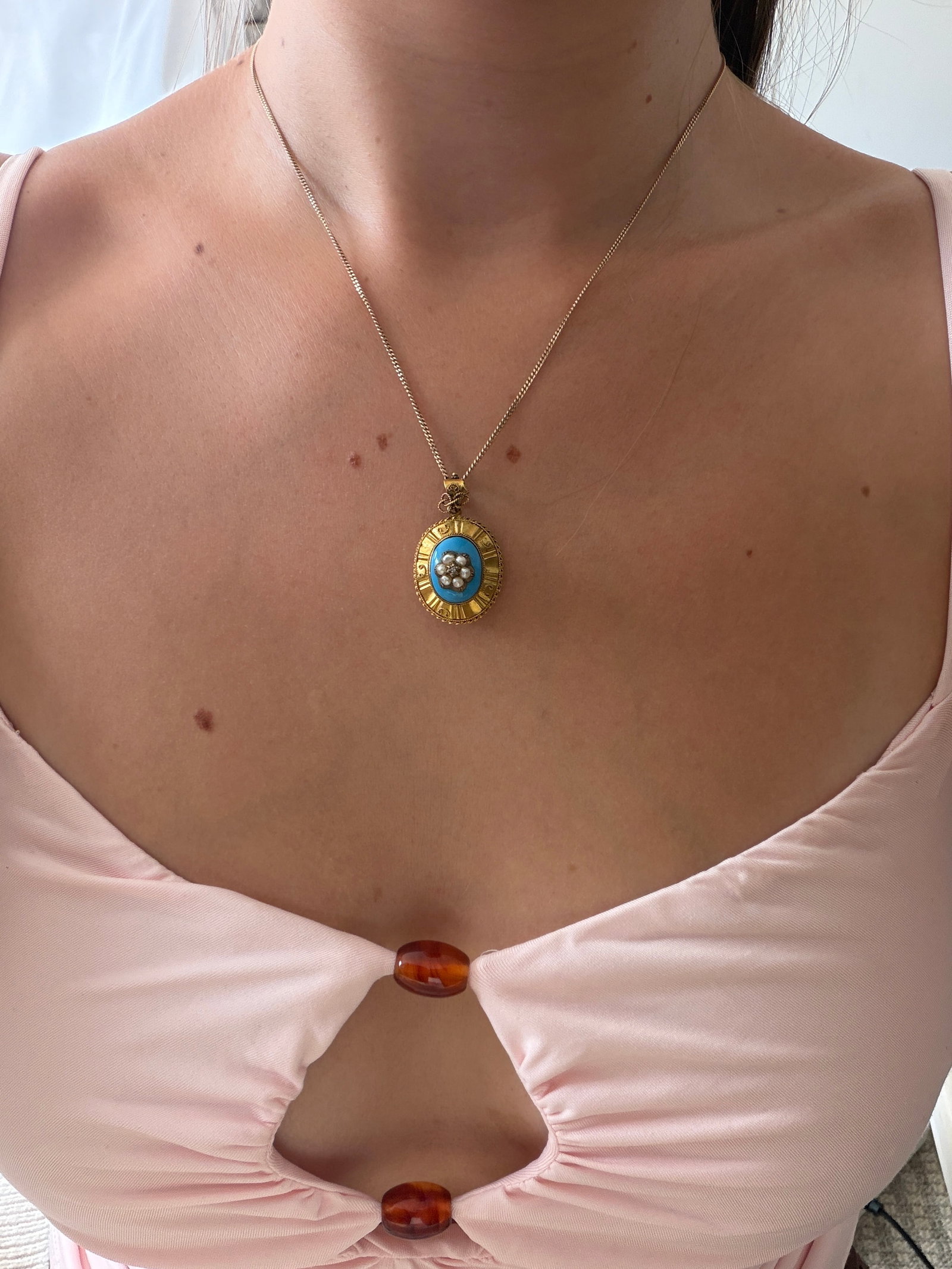 Antique Victorian 15ct Gold Blue Enamel, Pearl and Diamond Flower Hair Locket Back Pendant - 2