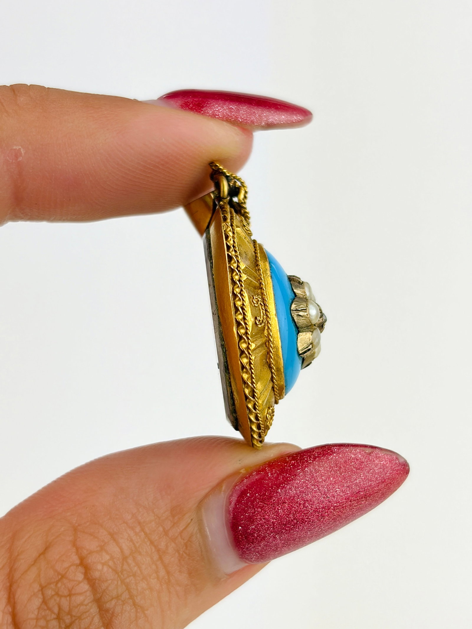 Antique Victorian 15ct Gold Blue Enamel, Pearl and Diamond Flower Hair Locket Back Pendant - 3