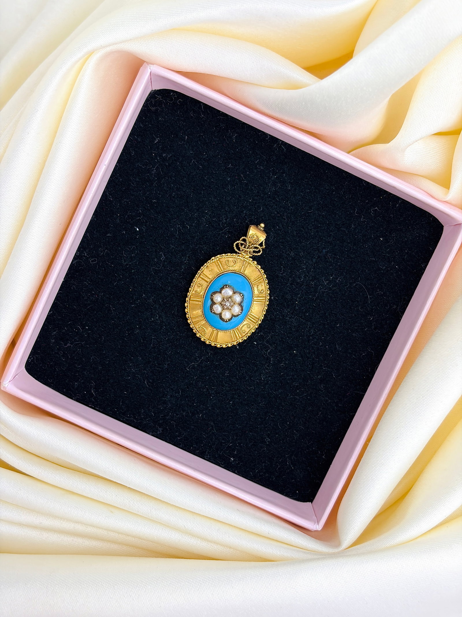 Antique Victorian 15ct Gold Blue Enamel, Pearl and Diamond Flower Hair Locket Back Pendant - 5