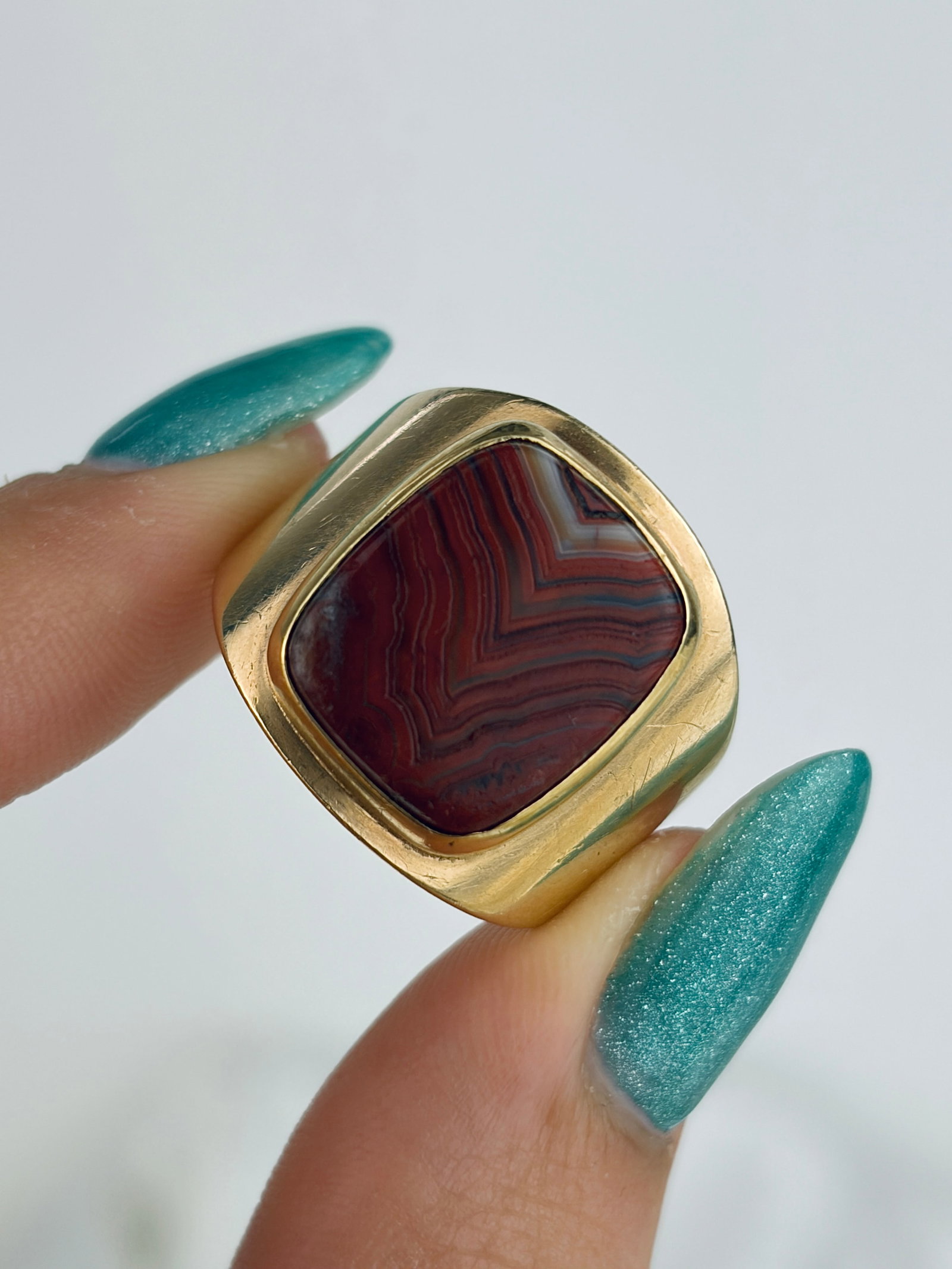 Vintage 14ct Yellow Gold Wide Banded Agate Ring - 5