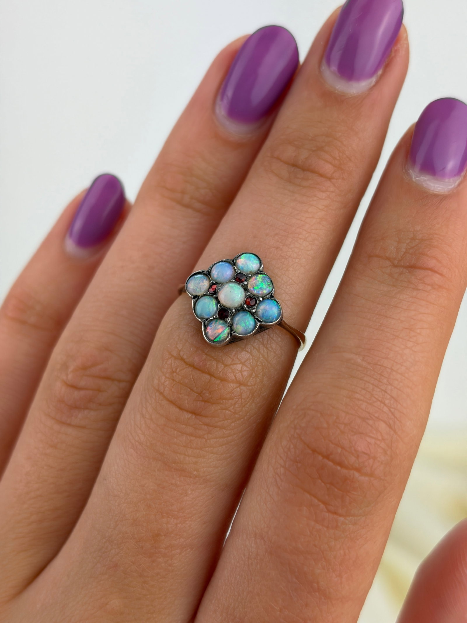 ANTIQUE OPAL AND GARNET CLUSTER RING IN GOLD AND SILVER - 8