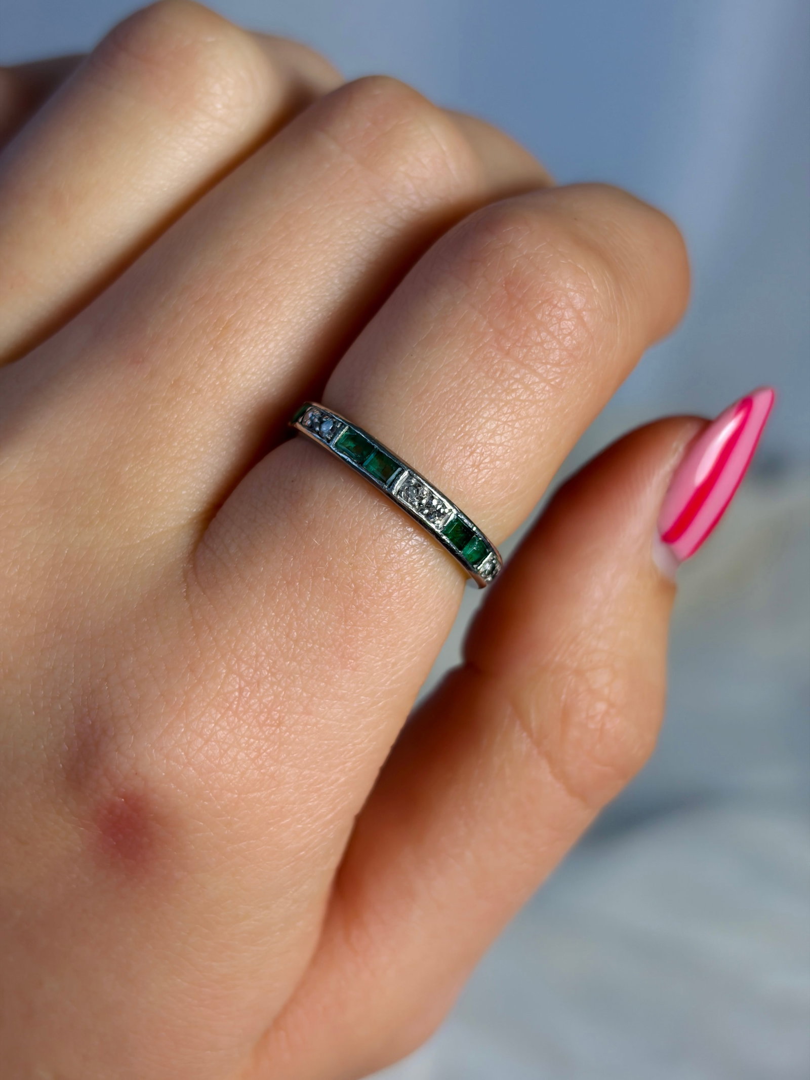 antique emerald and diamond full eternity band ring - 9