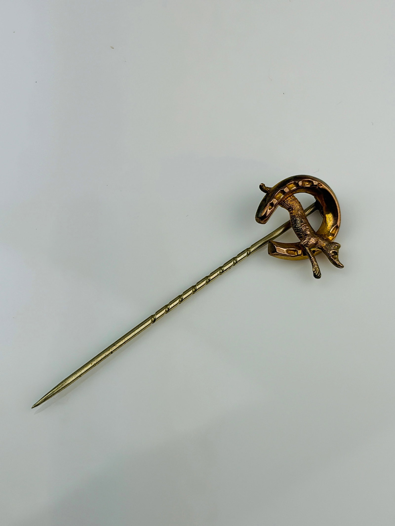 antique gold horseshoe / fox stick pin brooch - 4
