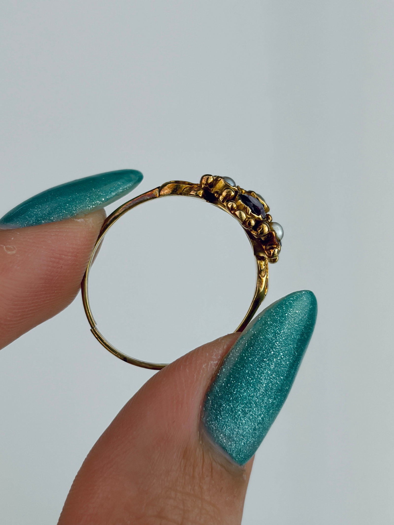 Antique Georgian 15ct Yellow Gold Almandine Garnet and Pearl Cluster Ring - 6