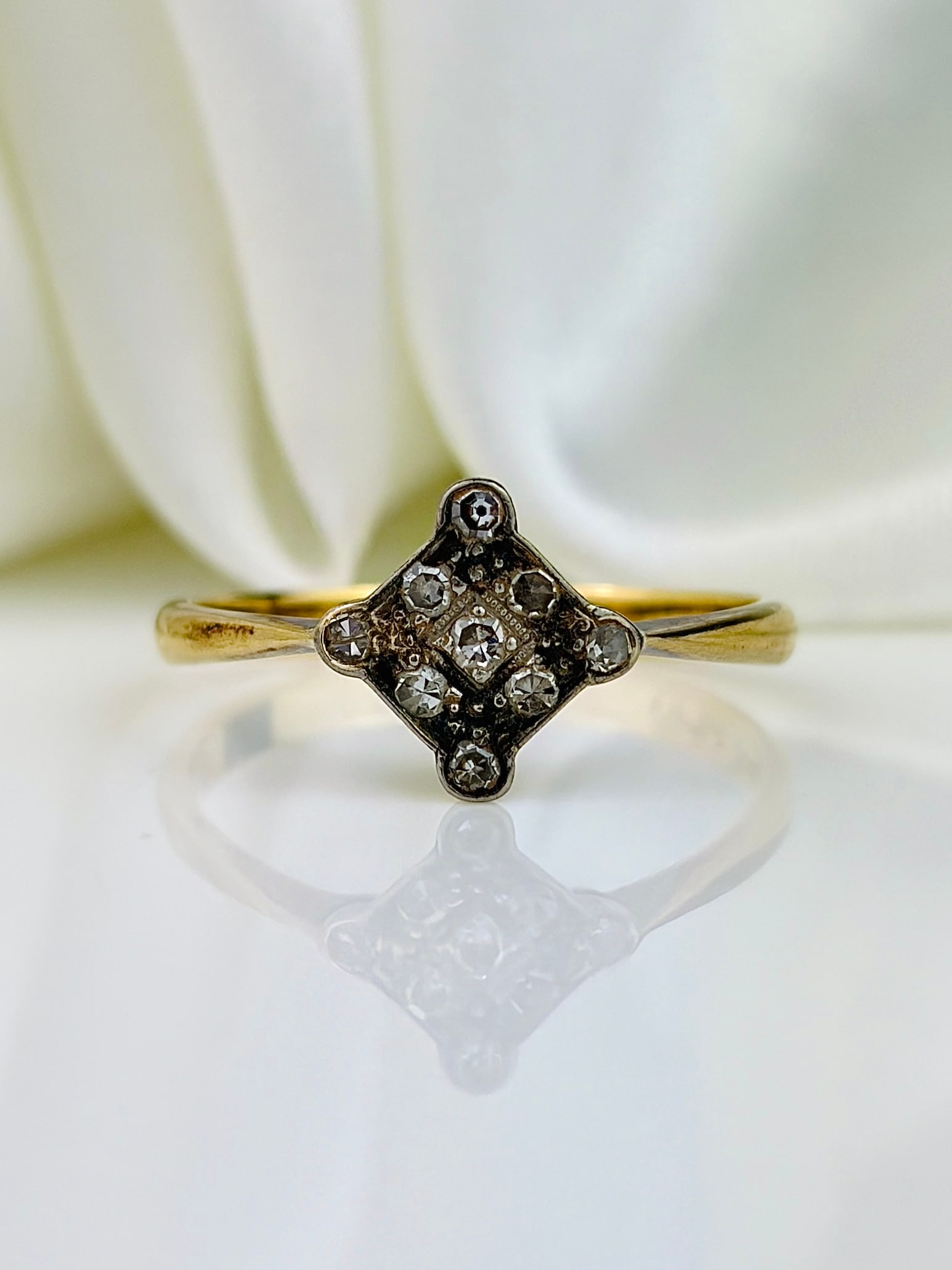 ANTIQUE 18CT GOLD AND PLATINUM DIAMOND CLUSTER RING: ANTIQUE 18CT GOLD AND PLATINUM DIAMOND CLUSTER RING