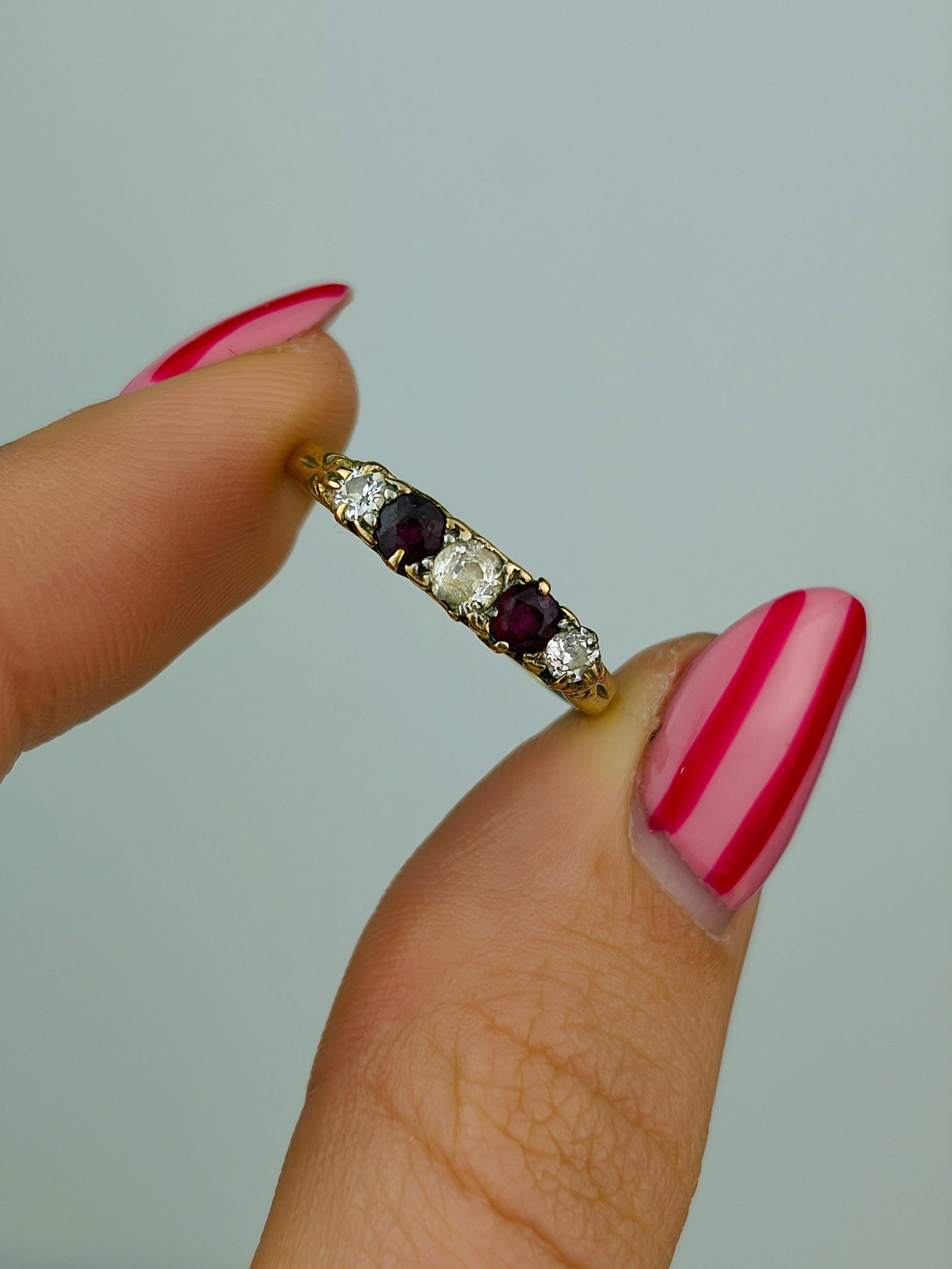 antique 18ct yellow gold ruby and diamond 5 stone ring - 5