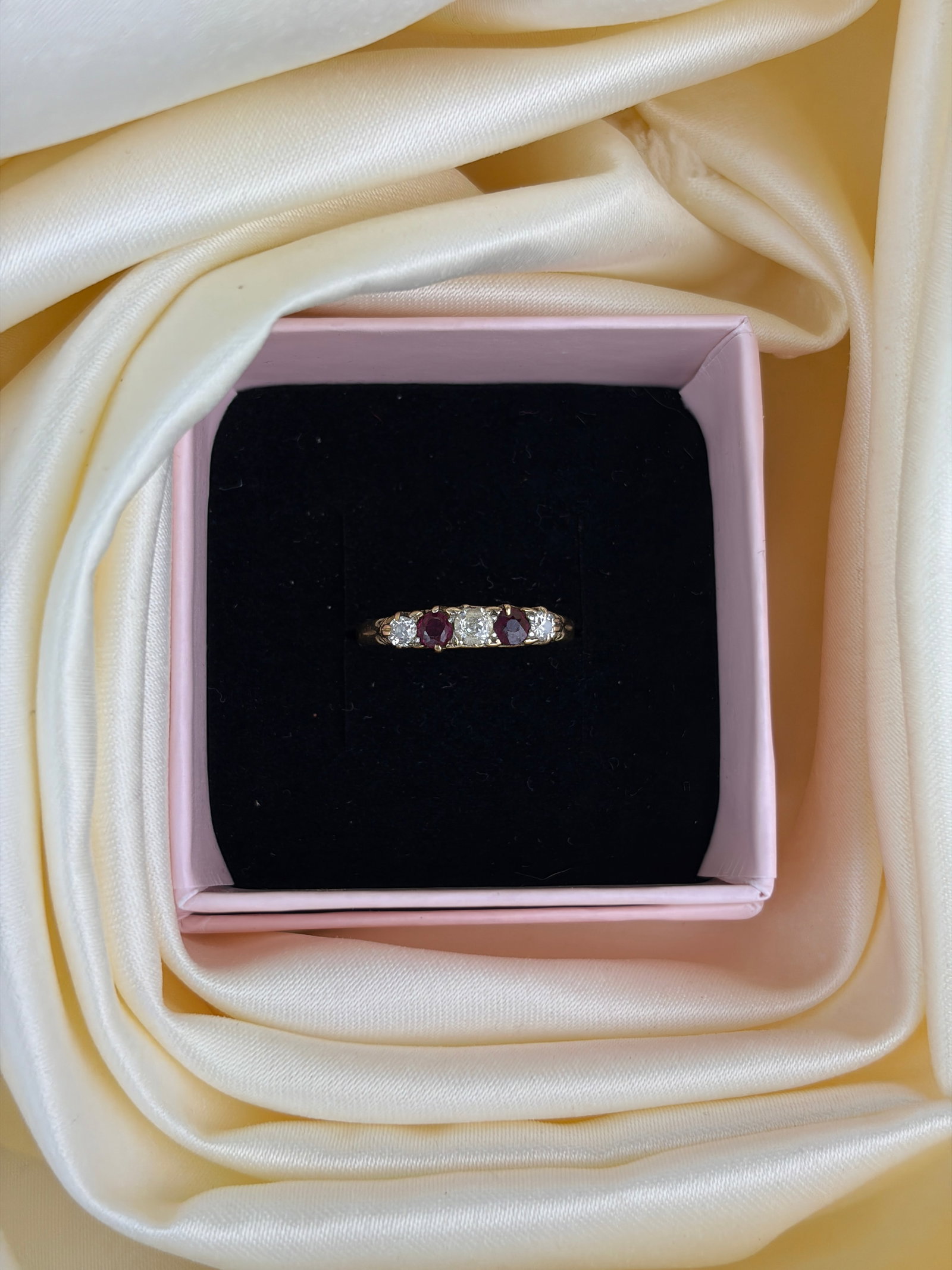 antique 18ct yellow gold ruby and diamond 5 stone ring - 7