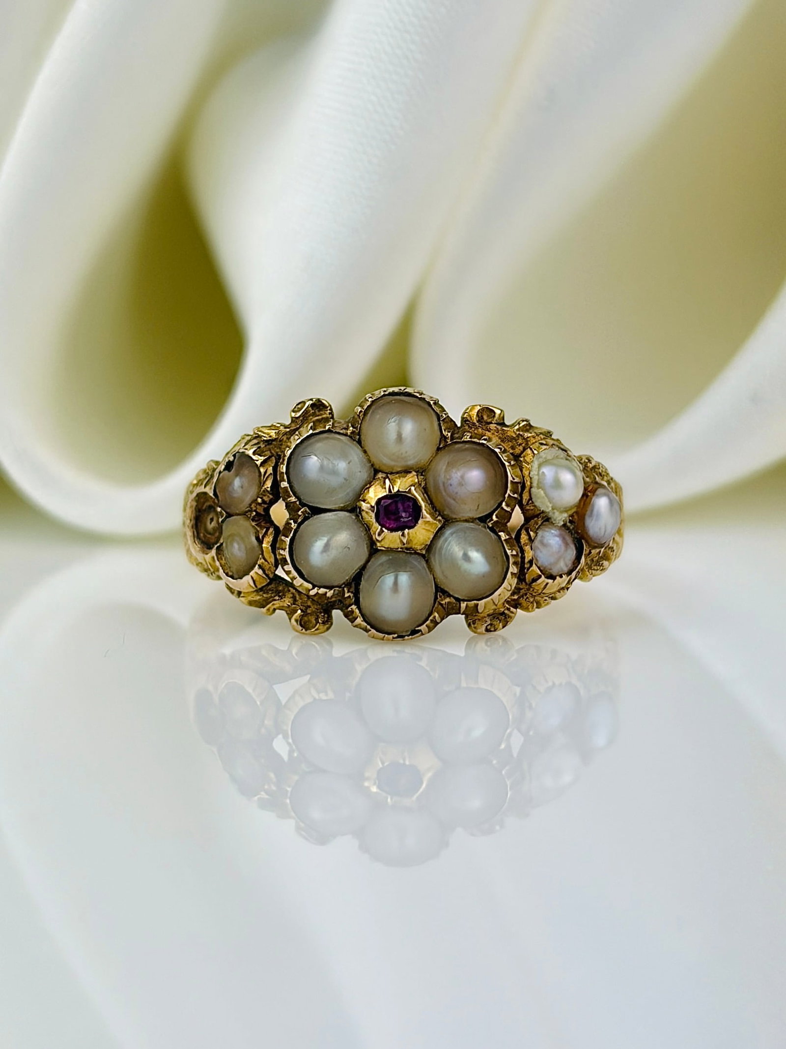 antique pearl and ruby flower ring in gold: antique pearl and ruby flower ring in gold Such a charming ring!