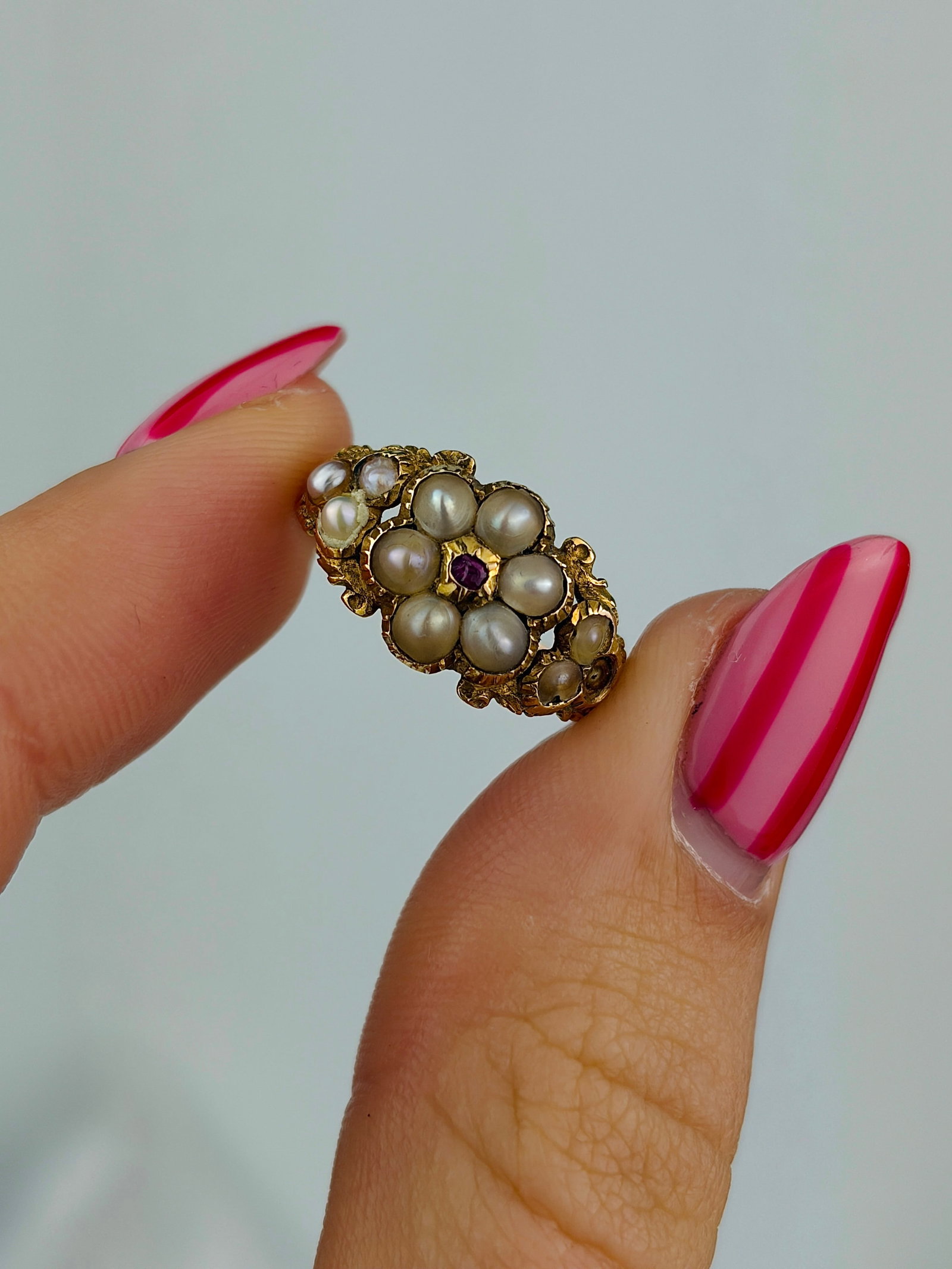 antique pearl and ruby flower ring in gold - 5