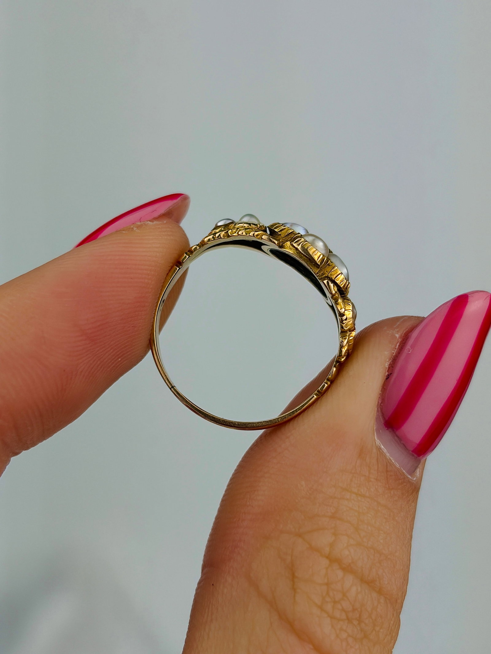 antique pearl and ruby flower ring in gold - 6