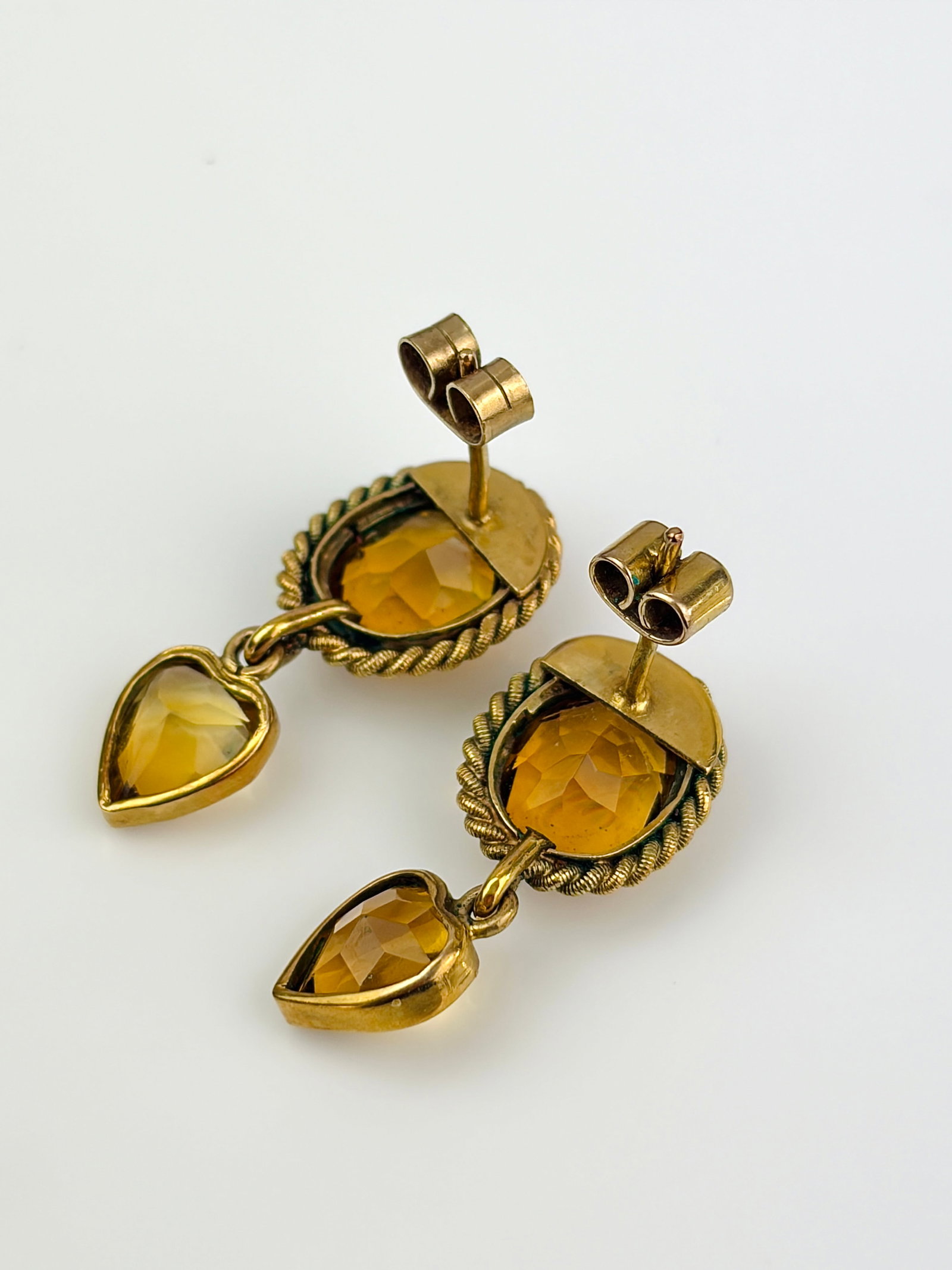 Sweet vintage 9ct yellow gold citrine heart drop earrings - 4