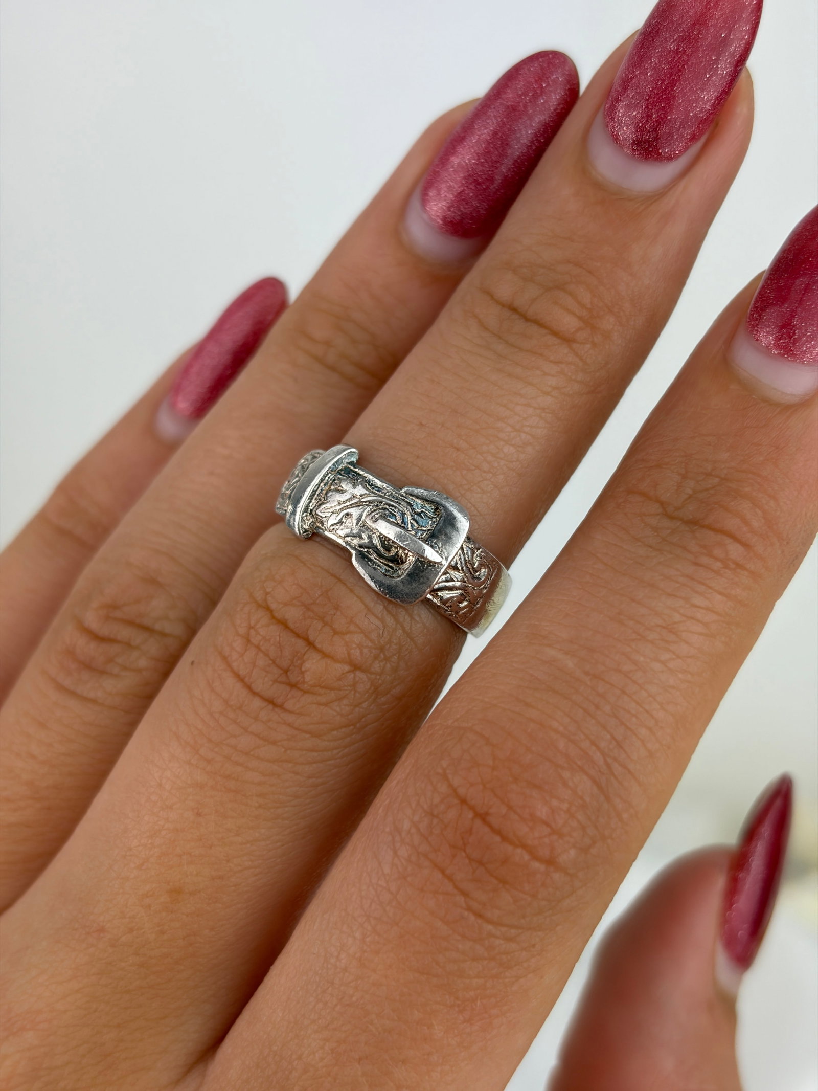 Vintage Silver Engraved Buckle Ring - 8