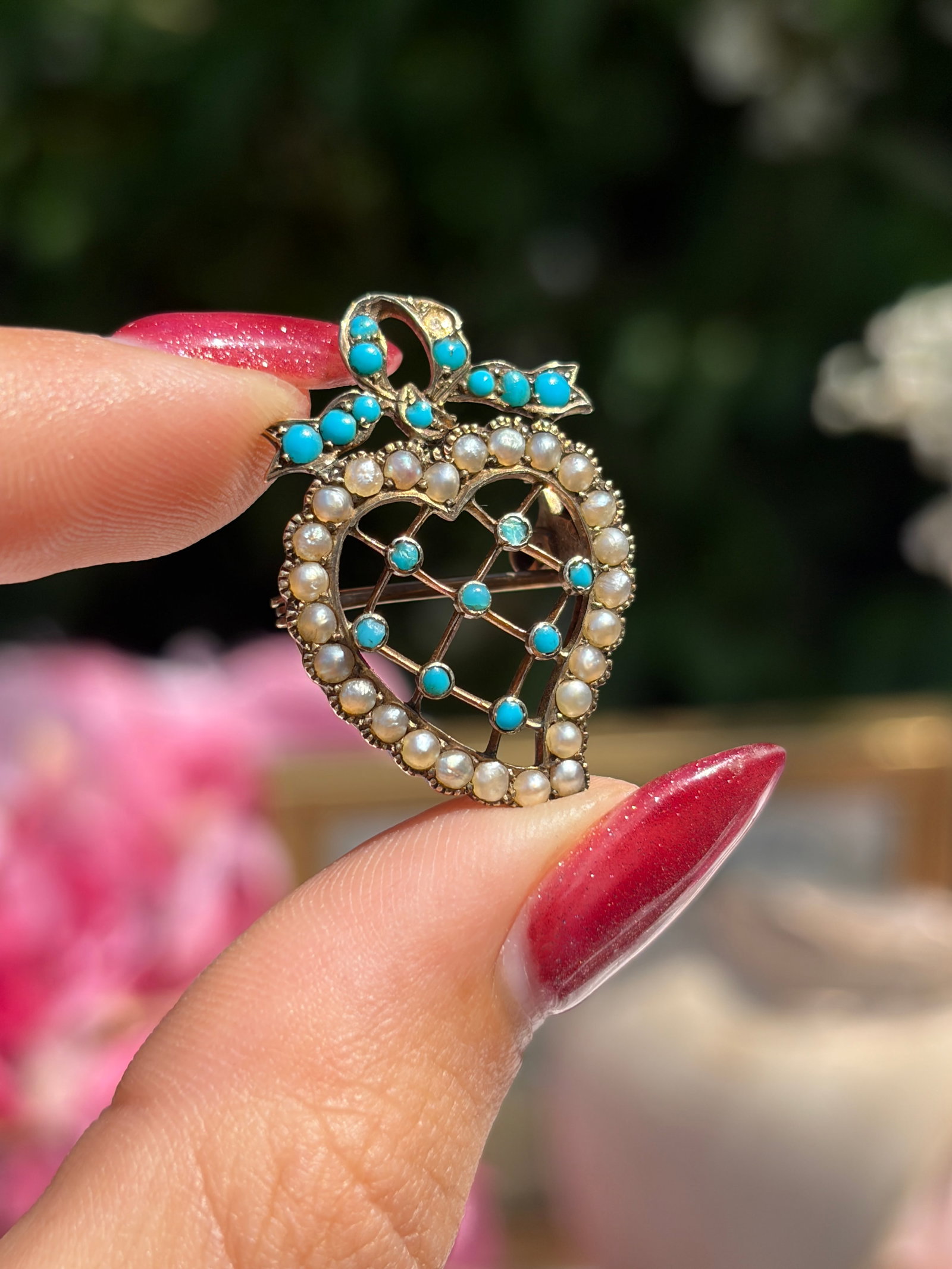ANTIQUE 9CT GOLD MURLE BENNET TURQUOISE AND PEARL CROWNED HEART BROOCH - 8