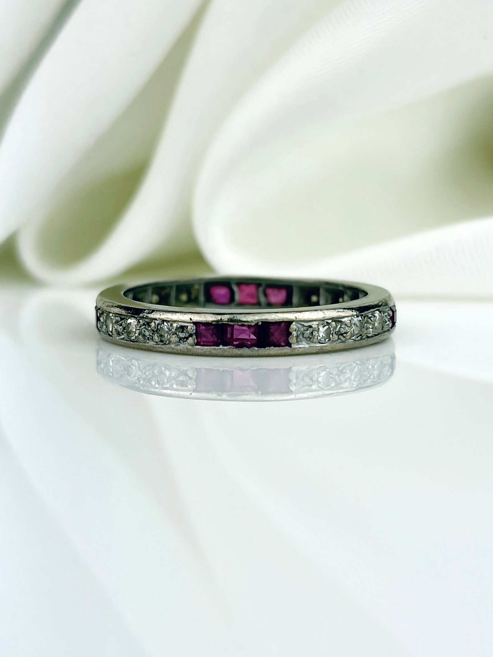 VINTAGE 18CT WHITE GOLD RUBY AND DIAMOND FULL ETERNITY RING - 2