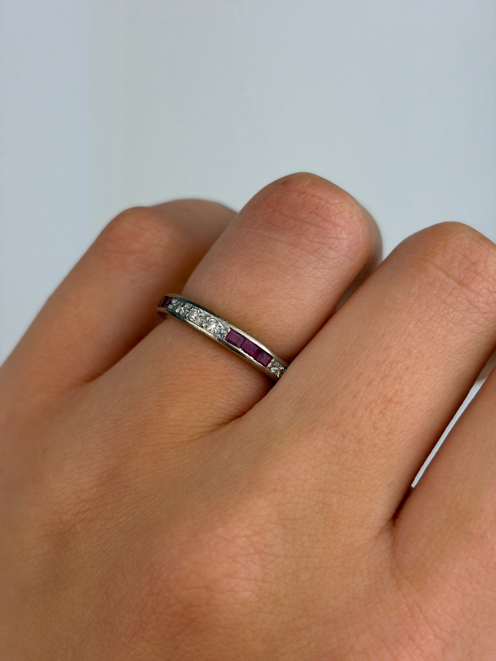 VINTAGE 18CT WHITE GOLD RUBY AND DIAMOND FULL ETERNITY RING - 8