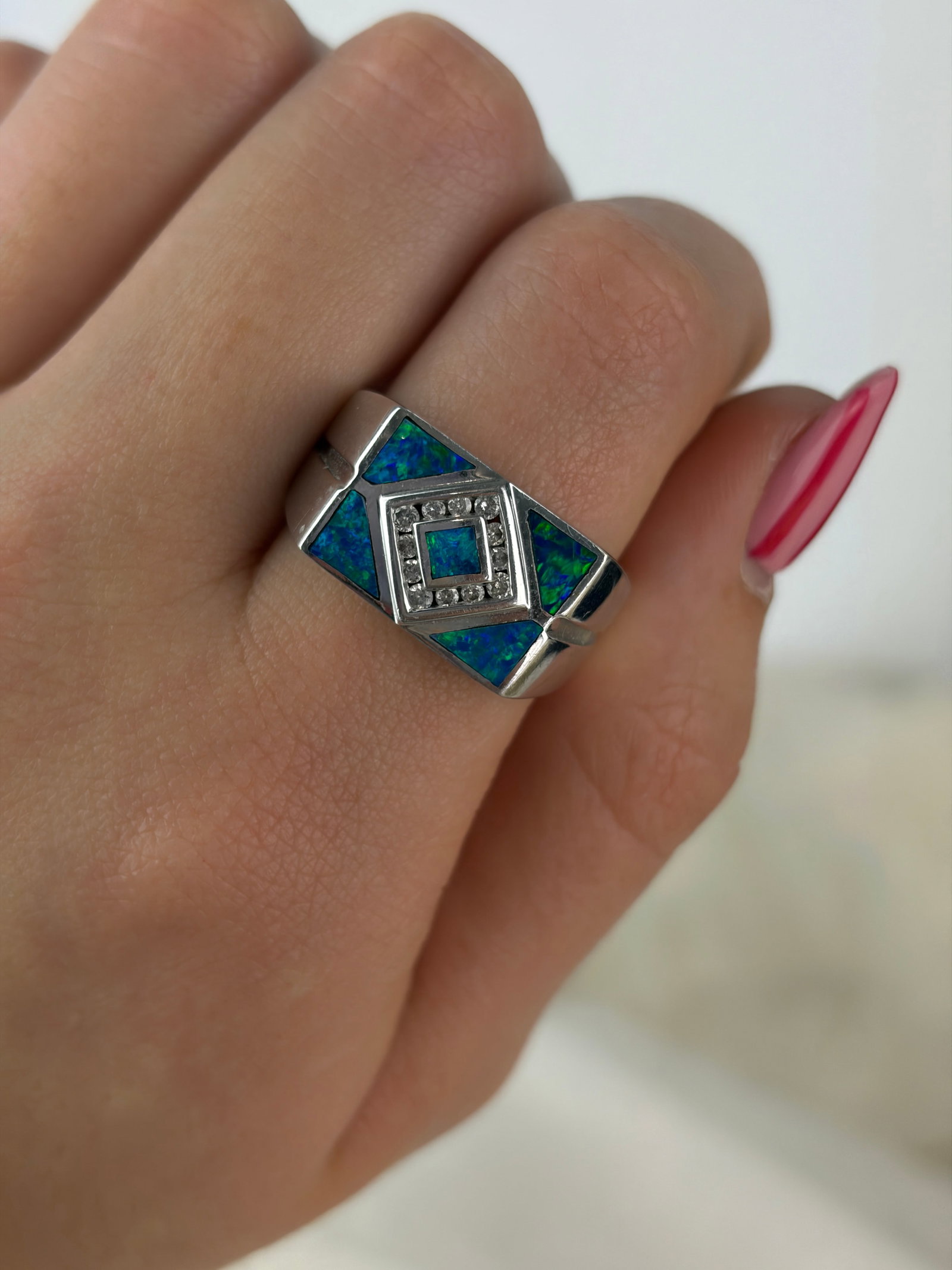 heavy / chunky 14ct white gold black opal and diamond signet style ring - 8