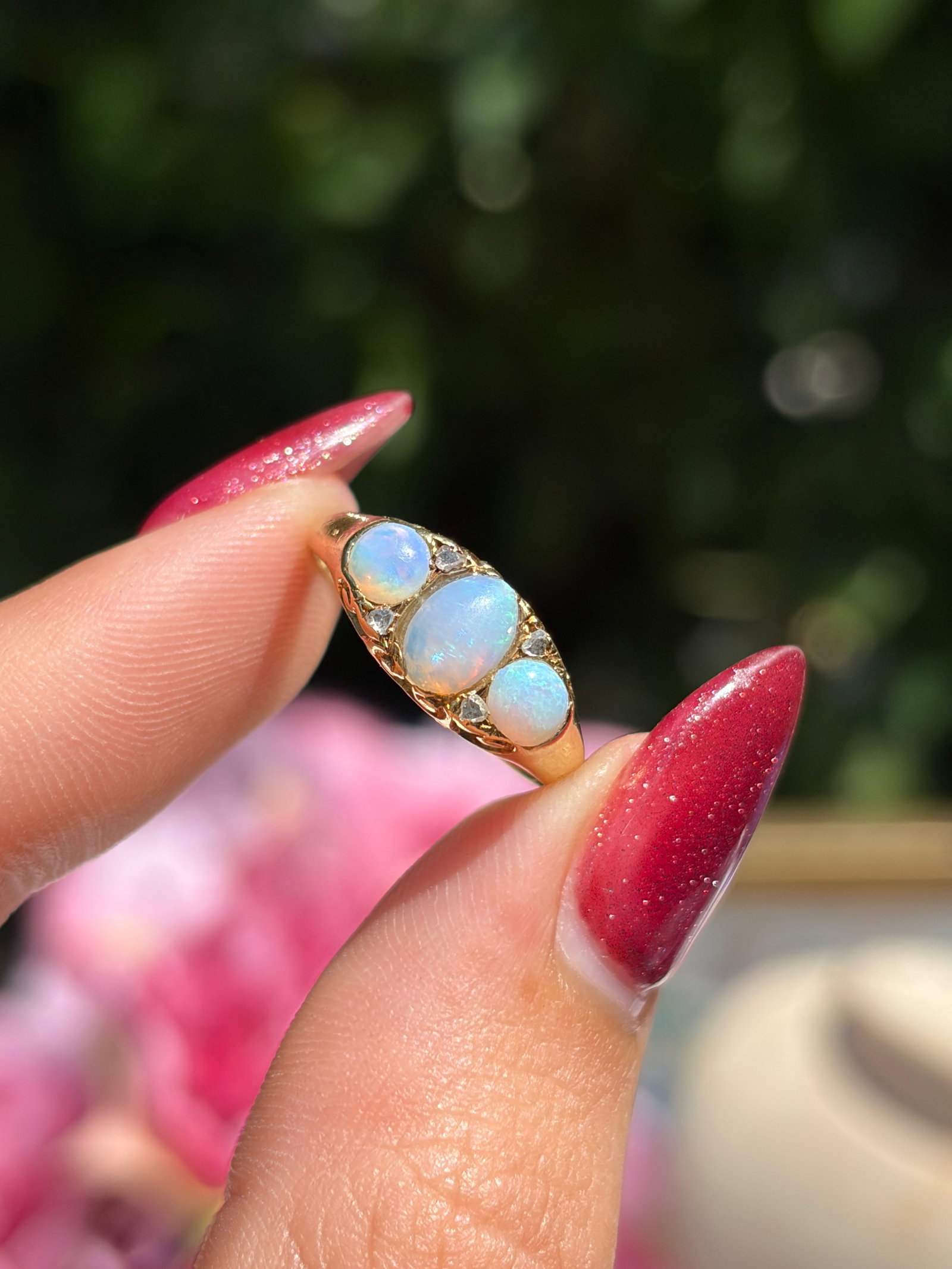 ANTIQUE 18CT YELLOW GOLD OPAL AND DIAMOND 3 STONE RING - 11