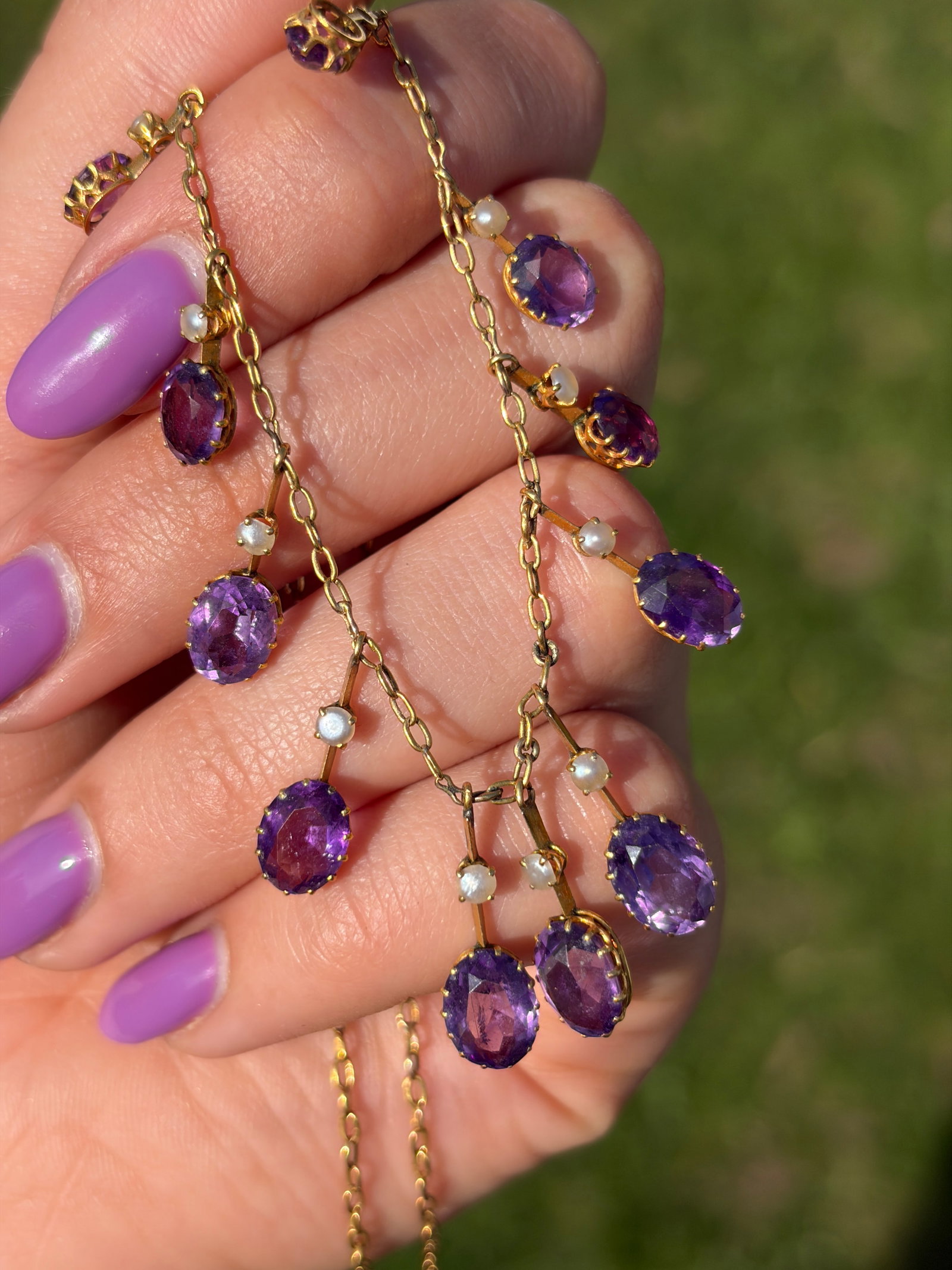 ANTIQUE 9CT YELLOW GOLD AMETHYST AND PEARL FRINGE NECKLACE - 2