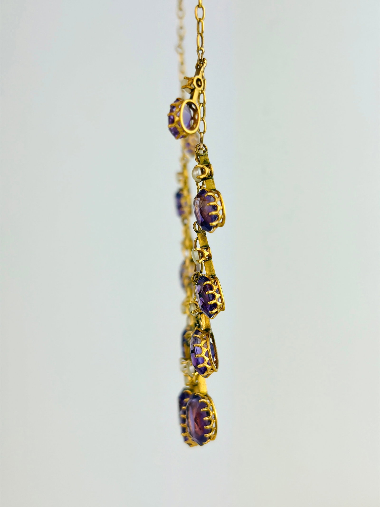 ANTIQUE 9CT YELLOW GOLD AMETHYST AND PEARL FRINGE NECKLACE - 5