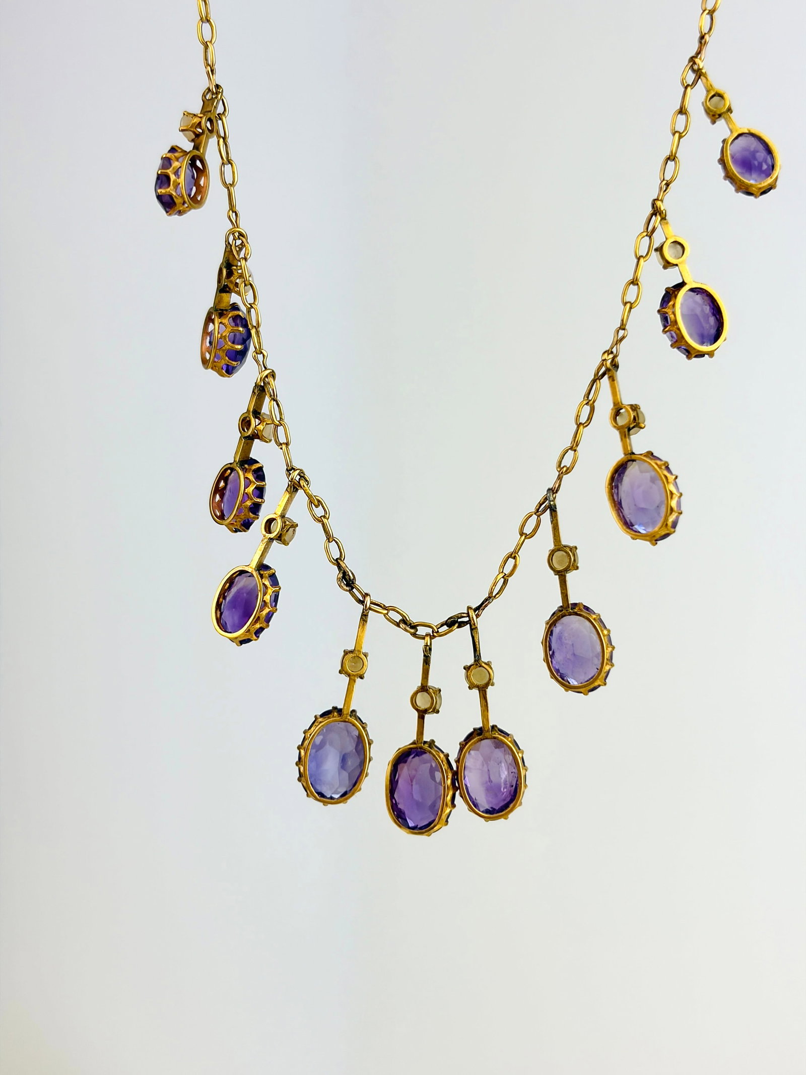 ANTIQUE 9CT YELLOW GOLD AMETHYST AND PEARL FRINGE NECKLACE - 6