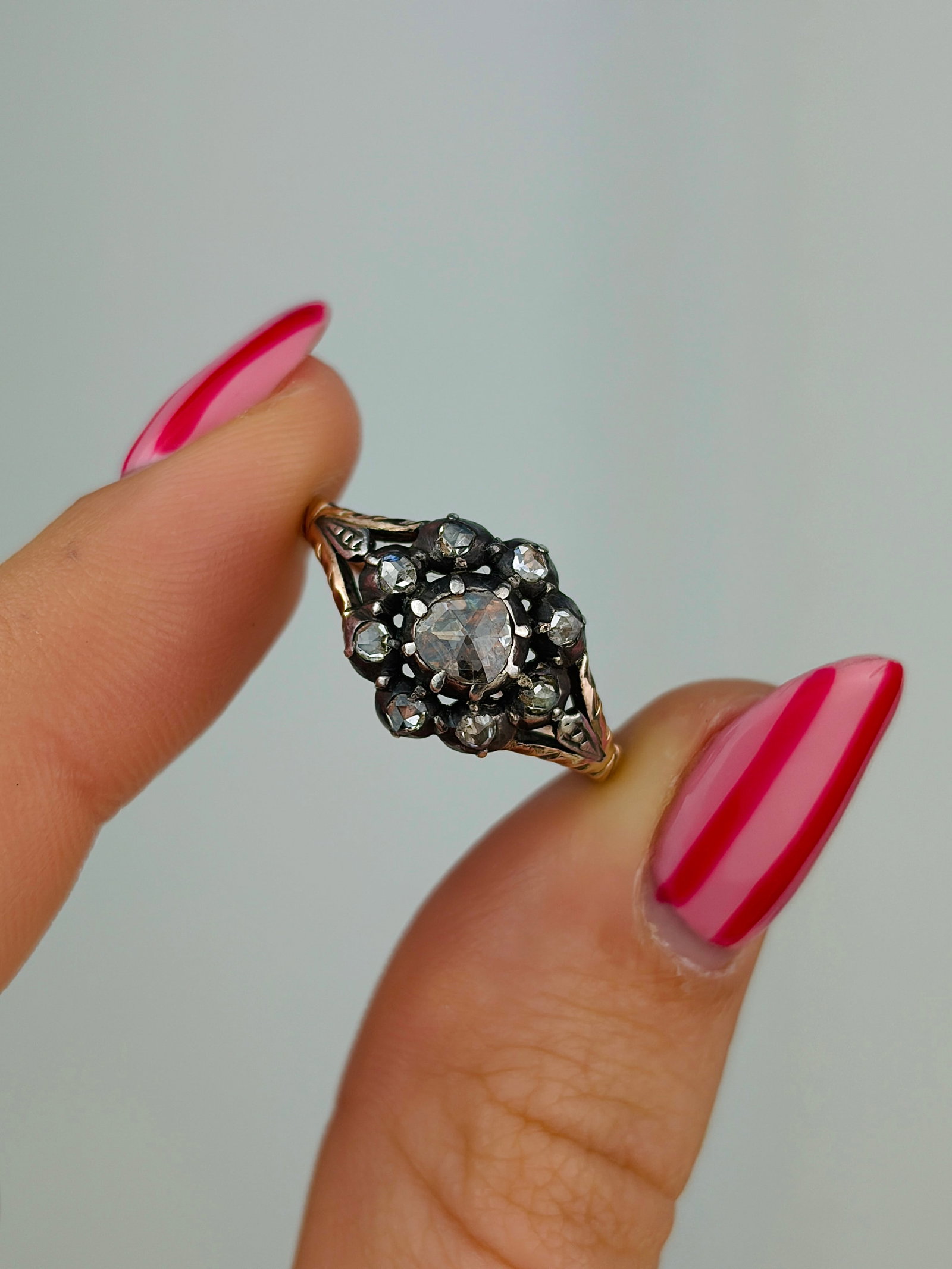 ANTIQUE ROSE CUT DIAMOND CLUSTER RING IN 15CT GOLD - 5