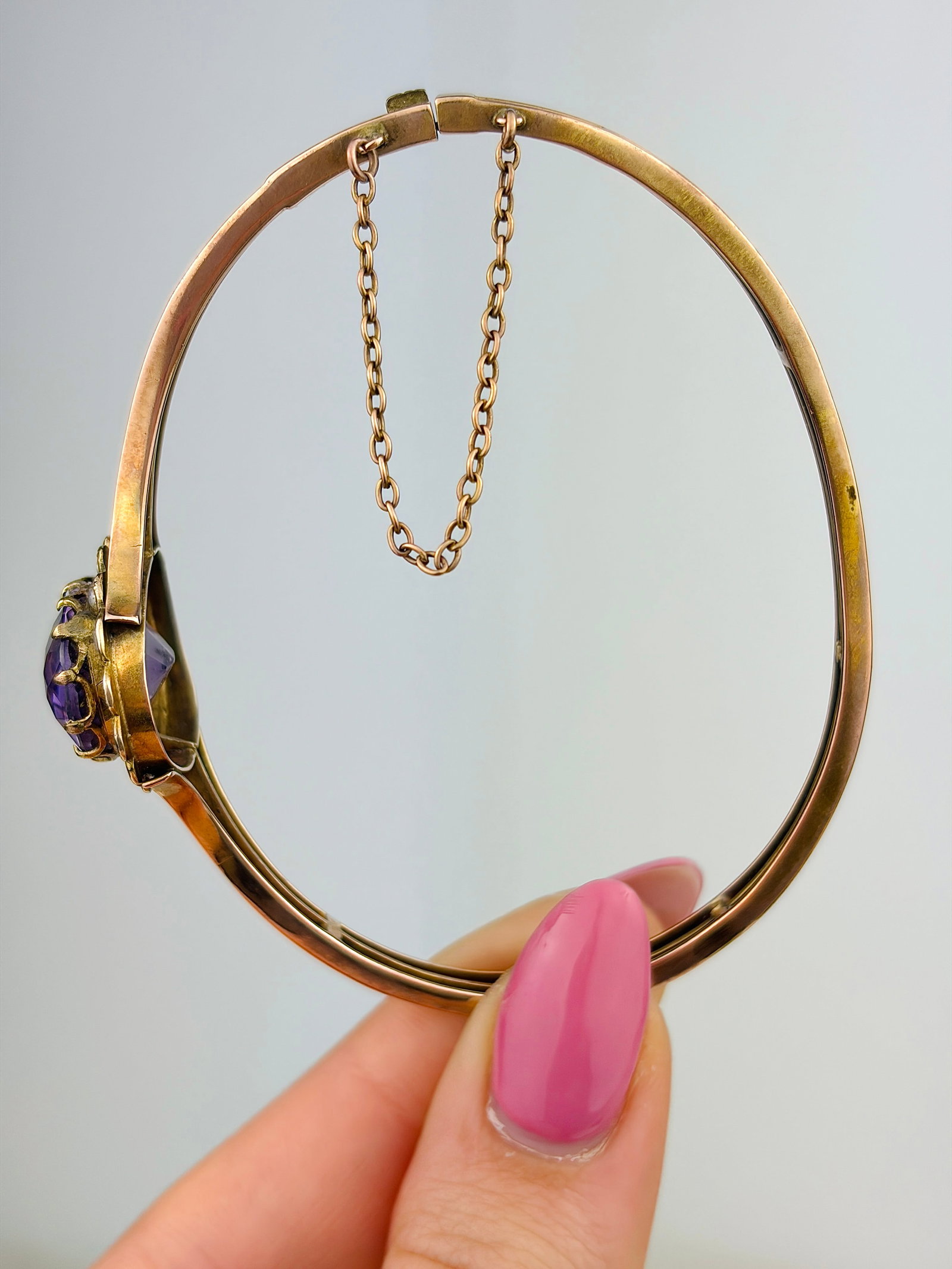ANTIQUE LARGE AMETHYST AND PEARL GOLD BANGLE / BRACELET - 3