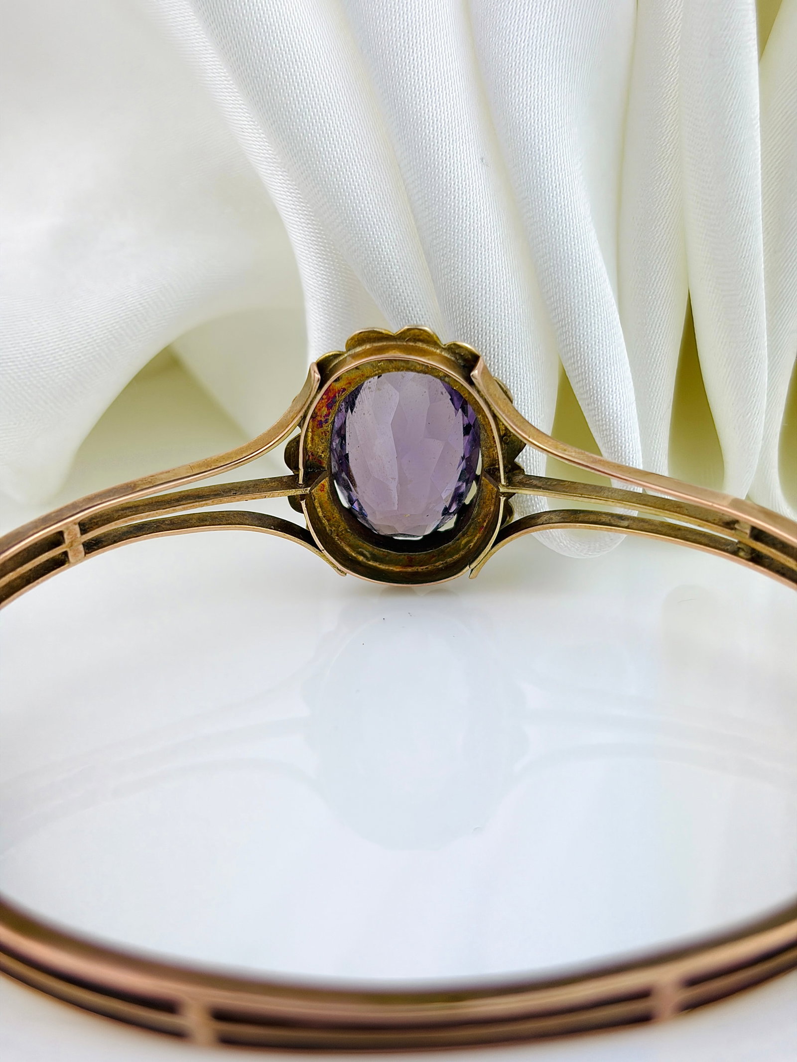 ANTIQUE LARGE AMETHYST AND PEARL GOLD BANGLE / BRACELET - 4