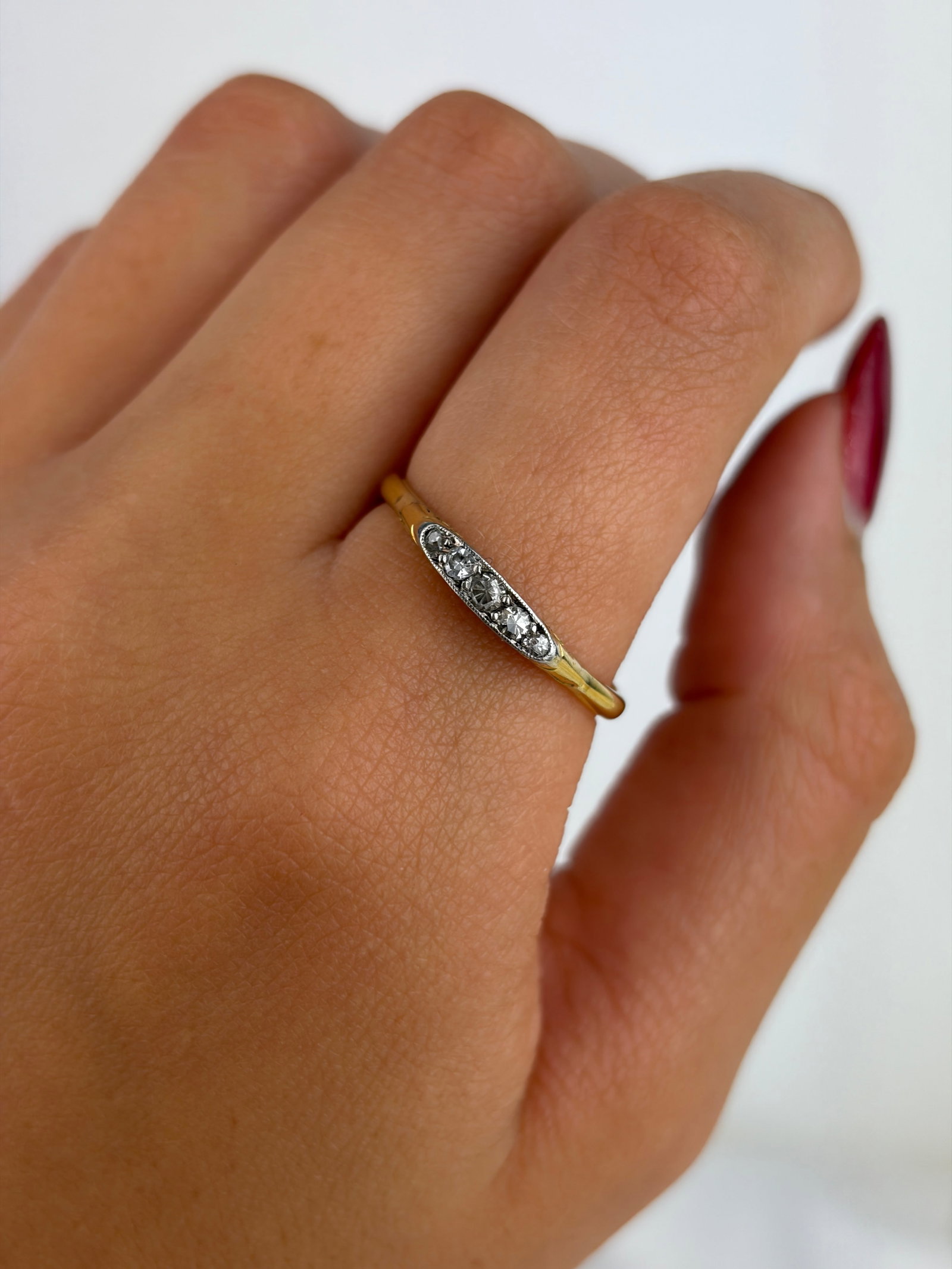 Antique 18ct Yellow Gold Diamond 5 Stone Boat Ring - 8