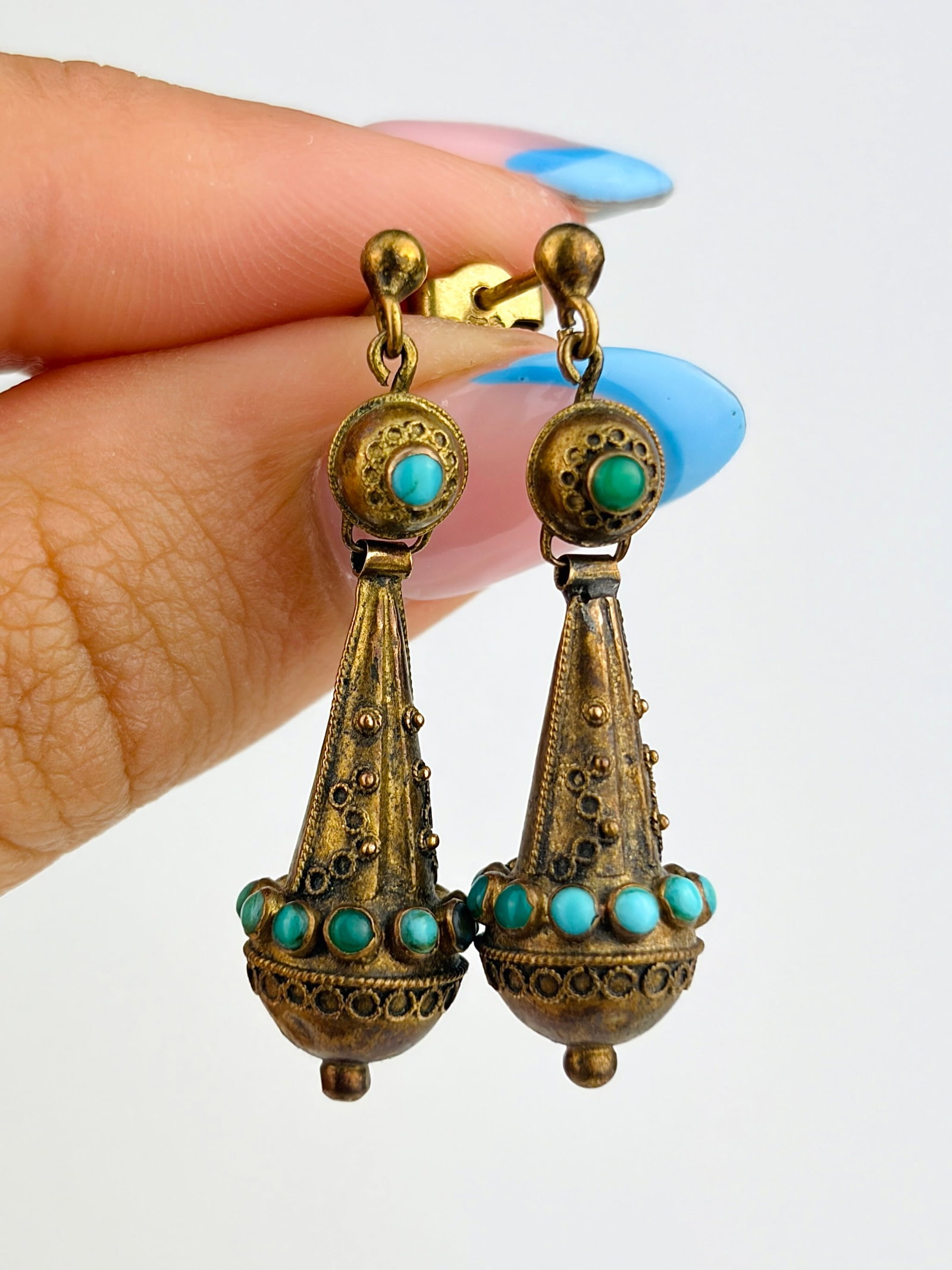 ANTIQUE 15CT GOLD TURQUOISE DROP EARRINGS: ANTIQUE 15CT GOLD TURQUOISE DROP EARRINGS