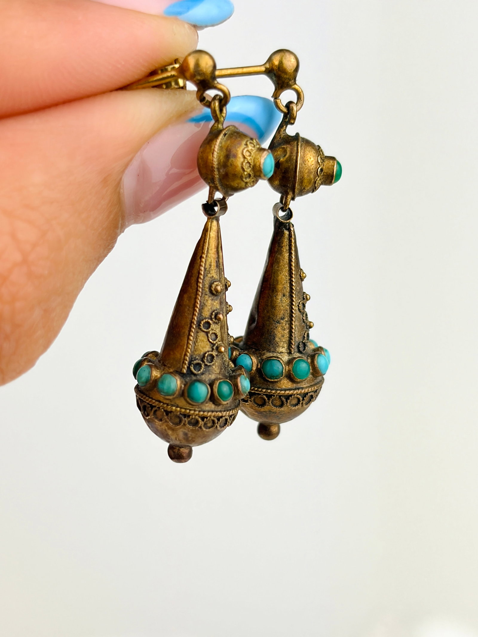 ANTIQUE 15CT GOLD TURQUOISE DROP EARRINGS - 2