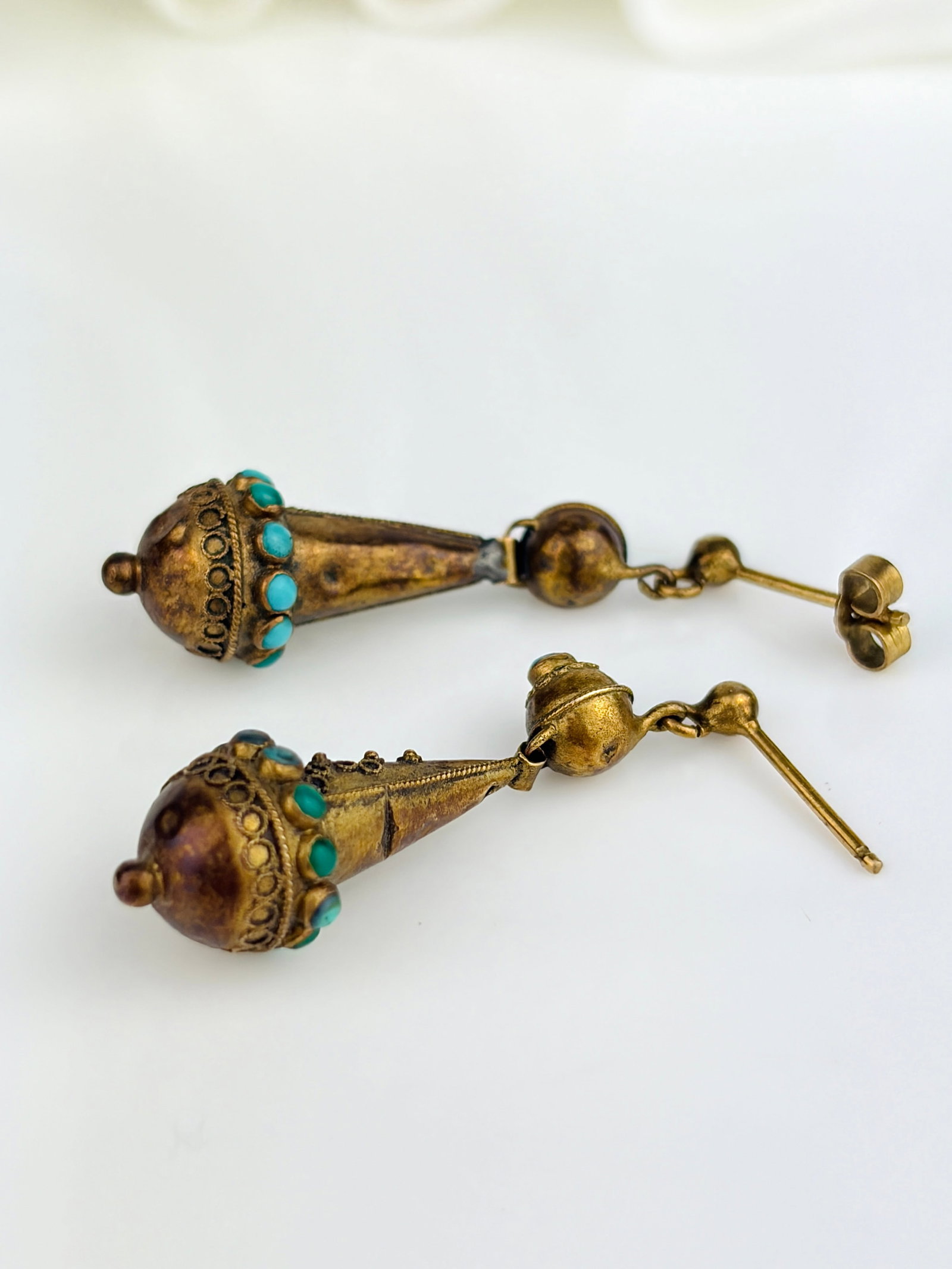 ANTIQUE 15CT GOLD TURQUOISE DROP EARRINGS - 3