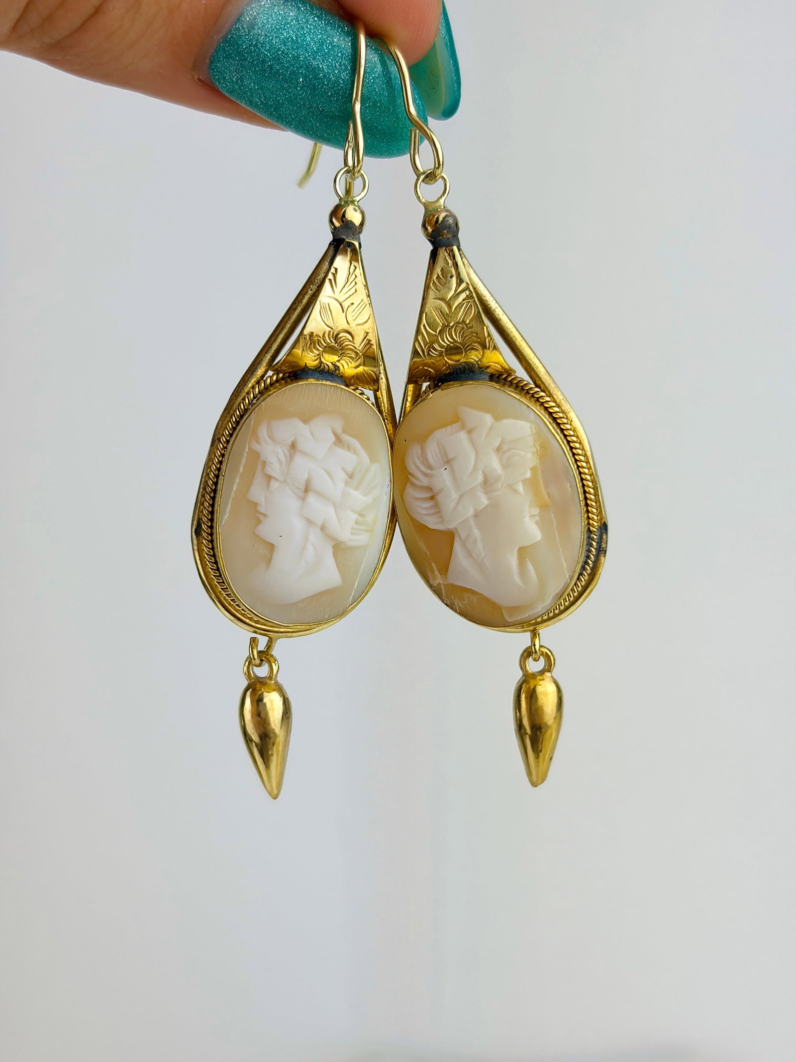 Large Gold Cameo Drop Earrings - 2