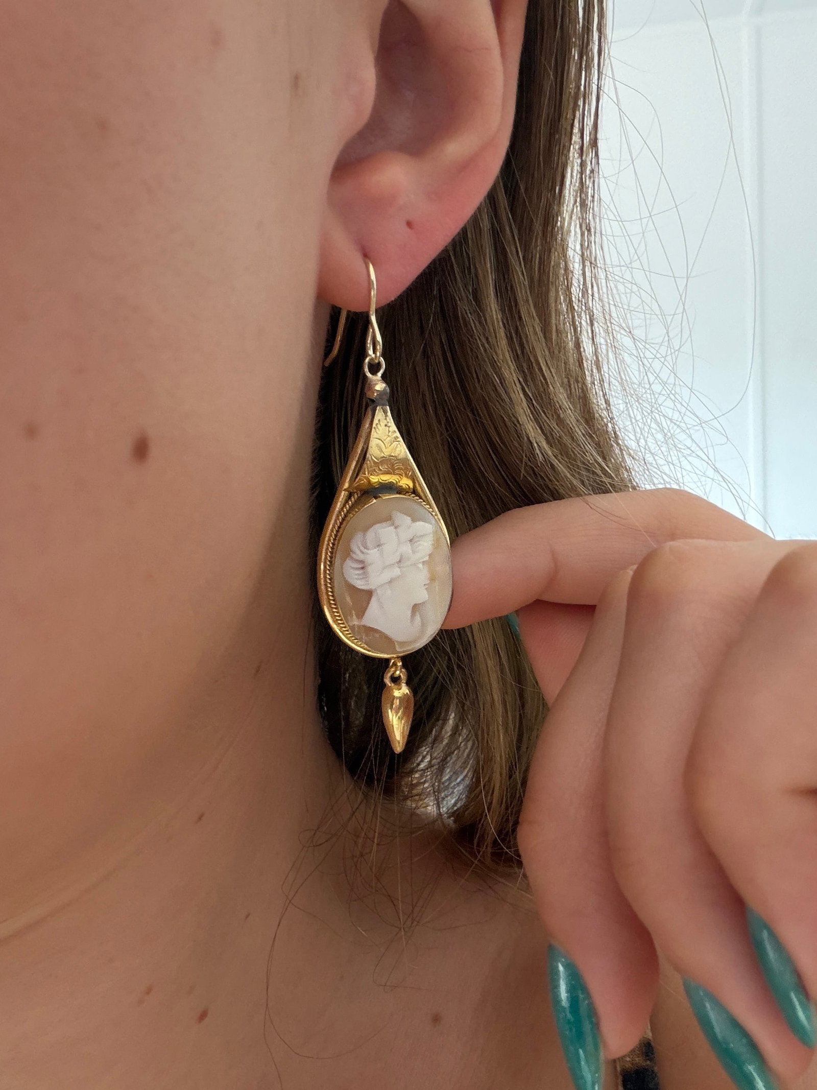 Large Gold Cameo Drop Earrings - 7