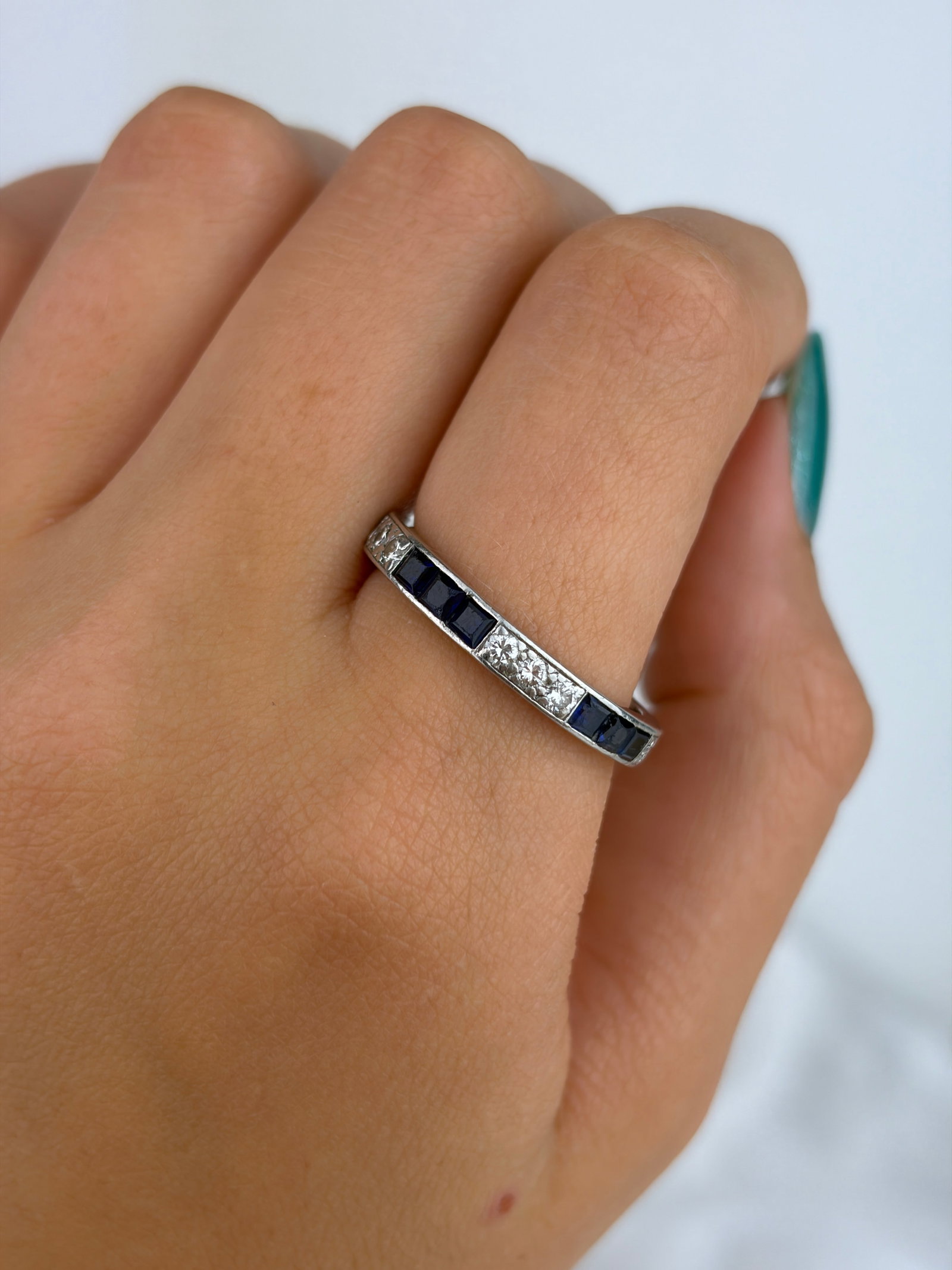Antique Art Deco Heavy Sapphire and Diamond Full Eternity Ring in Platinum - 7