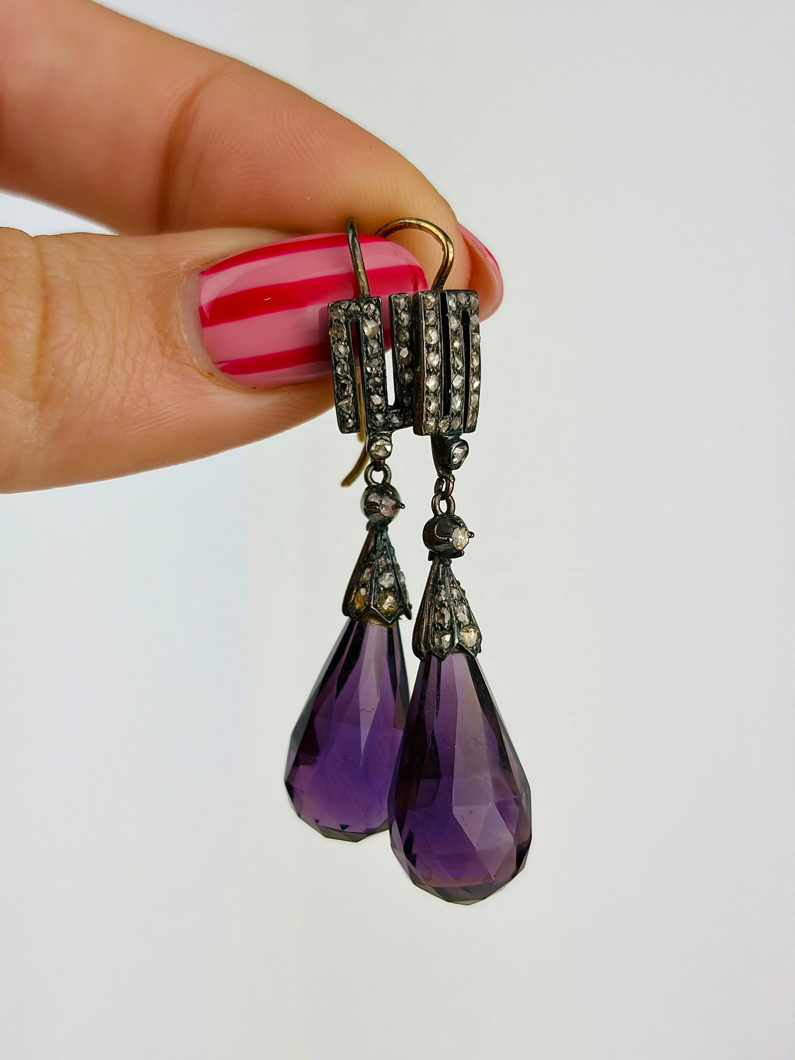Antique carved amethyst and diamond drop earrings in fitted box AF - 2