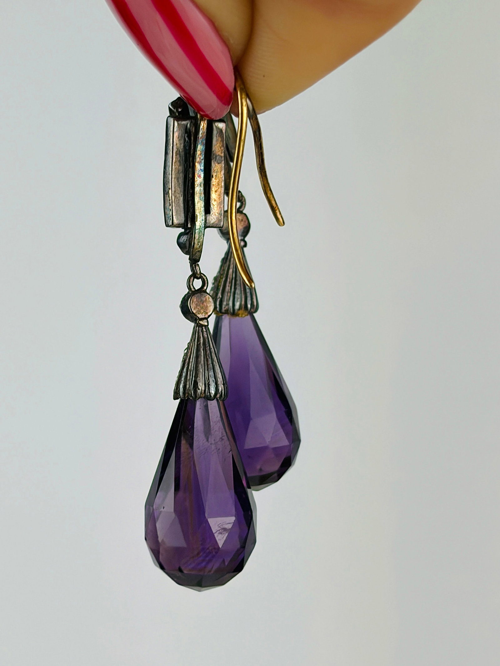 Antique carved amethyst and diamond drop earrings in fitted box AF - 4