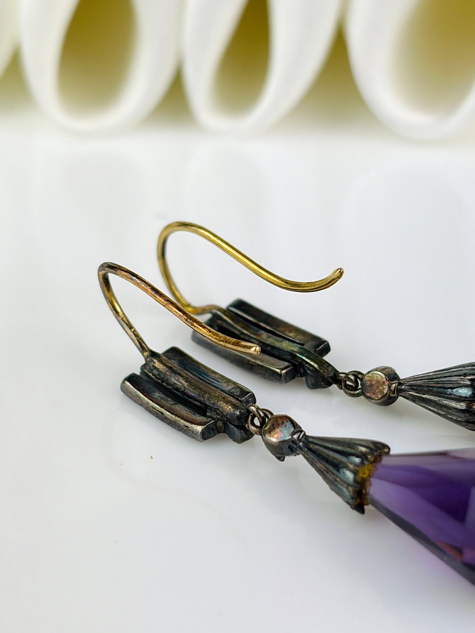 Antique carved amethyst and diamond drop earrings in fitted box AF - 5